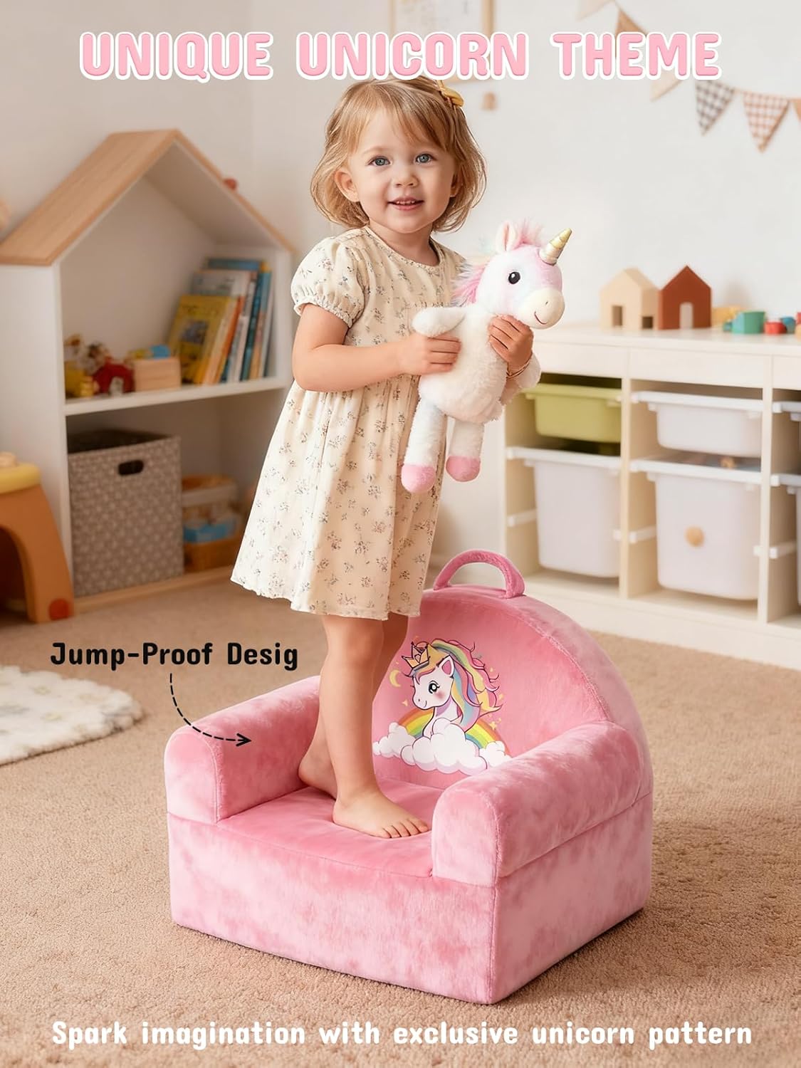 Kids Sofa Chair with Removable Washable Cover & Magic-Tape Backrest Toddler Chair, Cozy Crystal Velvet Furniture for Playtime, Naps & Travel (Soft Pink, Unicorn Design)