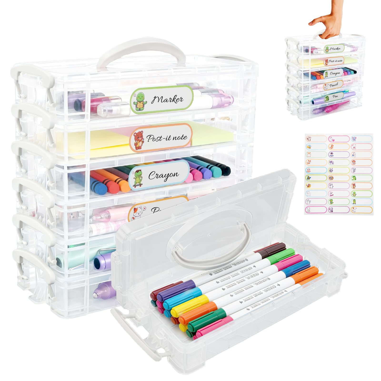 WRENYZK 6-Tier Pencil Storage Box, Stackable Portable Case with Handle