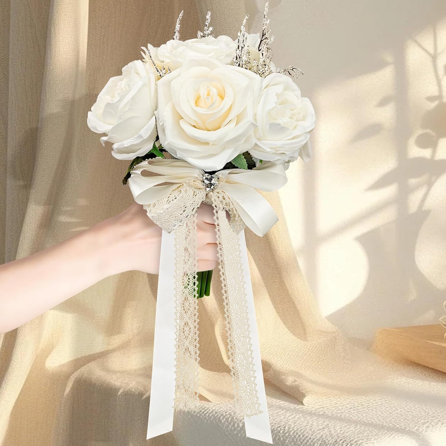 Verichy 8.5 Inches Wedding Bouquet Cream Artificial Flower Bouquet 15 Faux Roses for Bride Wedding Marriage Proposal Party Church Decoration