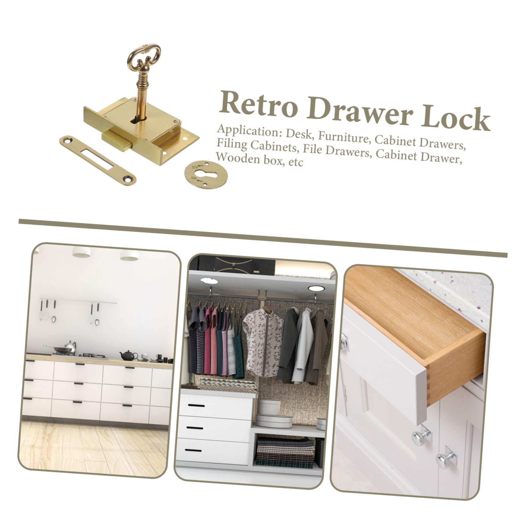 Serratura per Cassetto Vintage in Ottone, Set 1 Pezzo, Oro | Serratura Cassetto Scrivania per Legno, Chiusura Precisa e Sicura, per Cassetti e Scatola in Legno