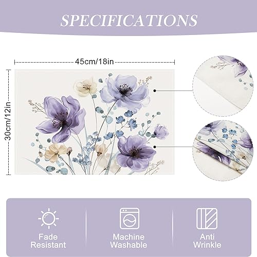 Miniatura 6 de Bonhause Juego de 4 manteles individuales florales de acuarela de 12 x 18 pulgadas, color lila, morado, marrón, hojas de flores, manteles