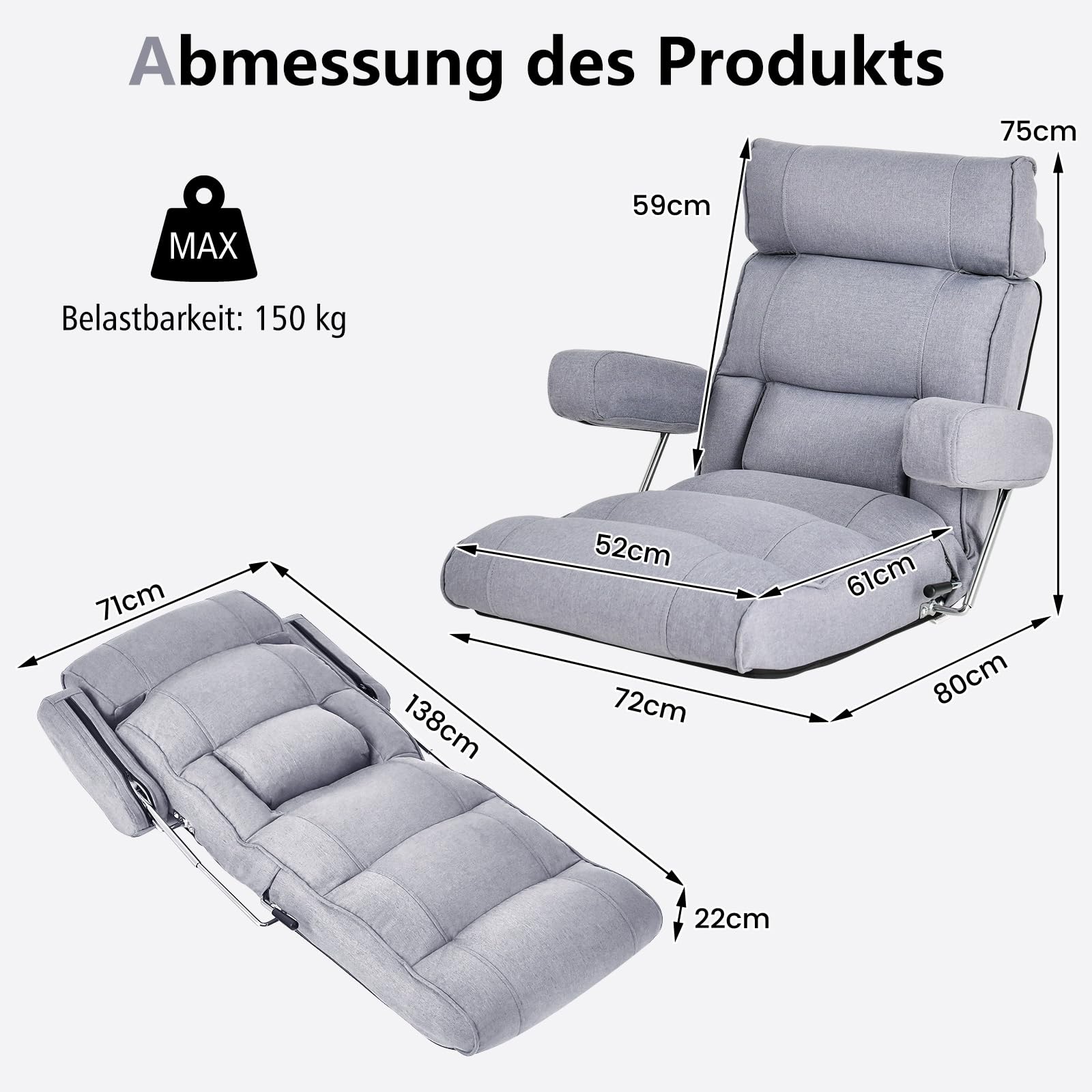COSTWAY Bodenstuhl, klappbares Bondensofa mit Verstellbarer Rückenlehne, Kopfstütze, Lendenstütze, und hochklappbaren Armlehnen, Bodensessel, Relaxsessel zum Meditation, Lesen, Gaming (Grau)
