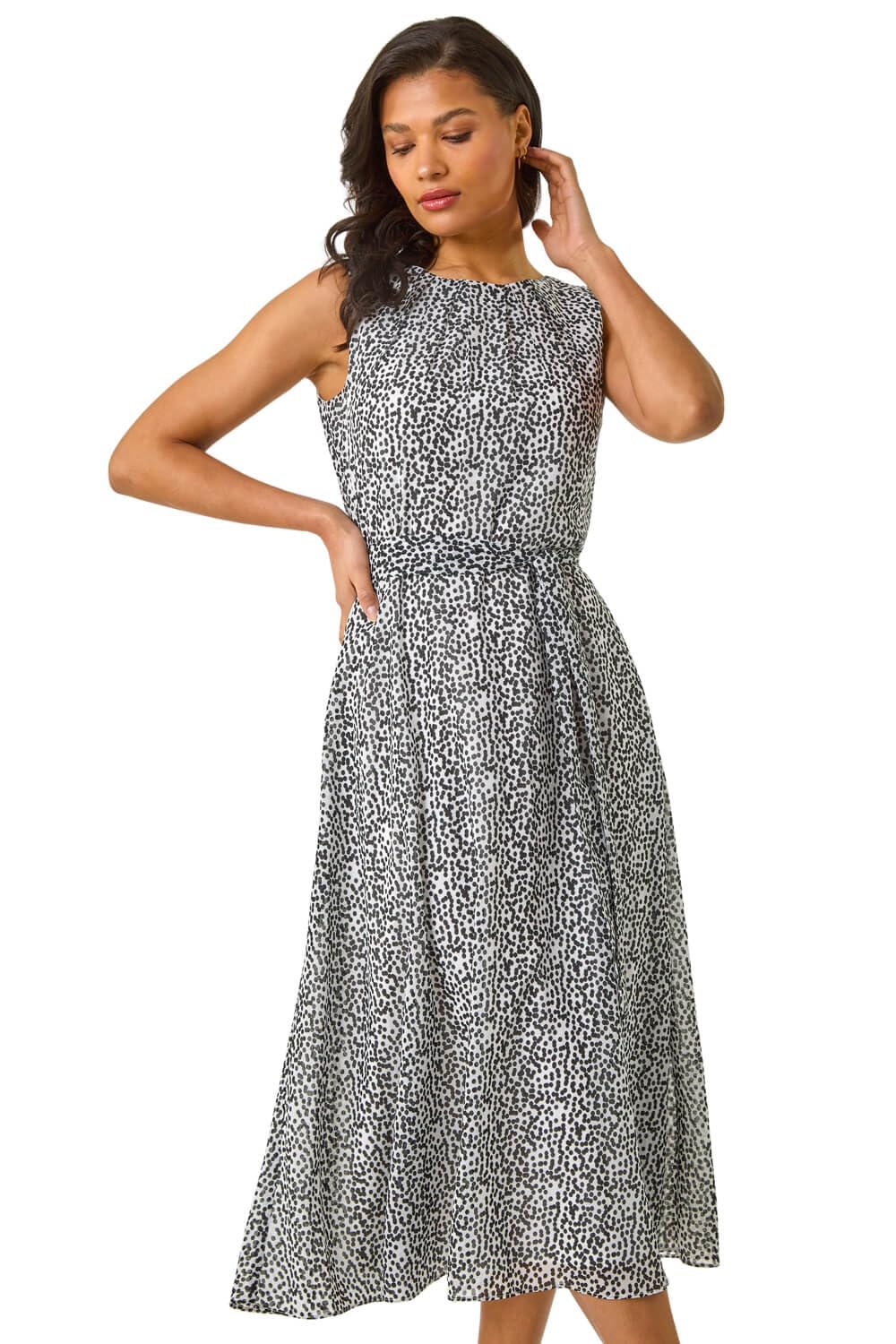 Roman - Women's - Midi Dress - Spot Print - Pleated - White - 12