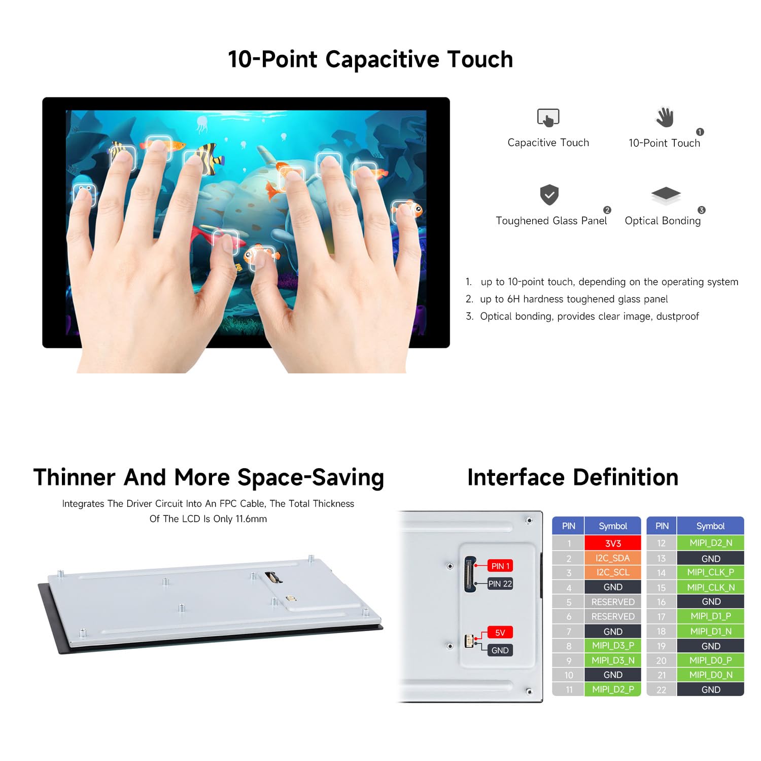 Waveshare 8inch DSI Capacitive Touch Display, Compatible with Raspberry Pi 5/4B/3B/CM3/3+/4, 800x1280, IPS Panel, Optical Bonding Toughened Glass Panel, 10-Point Touch