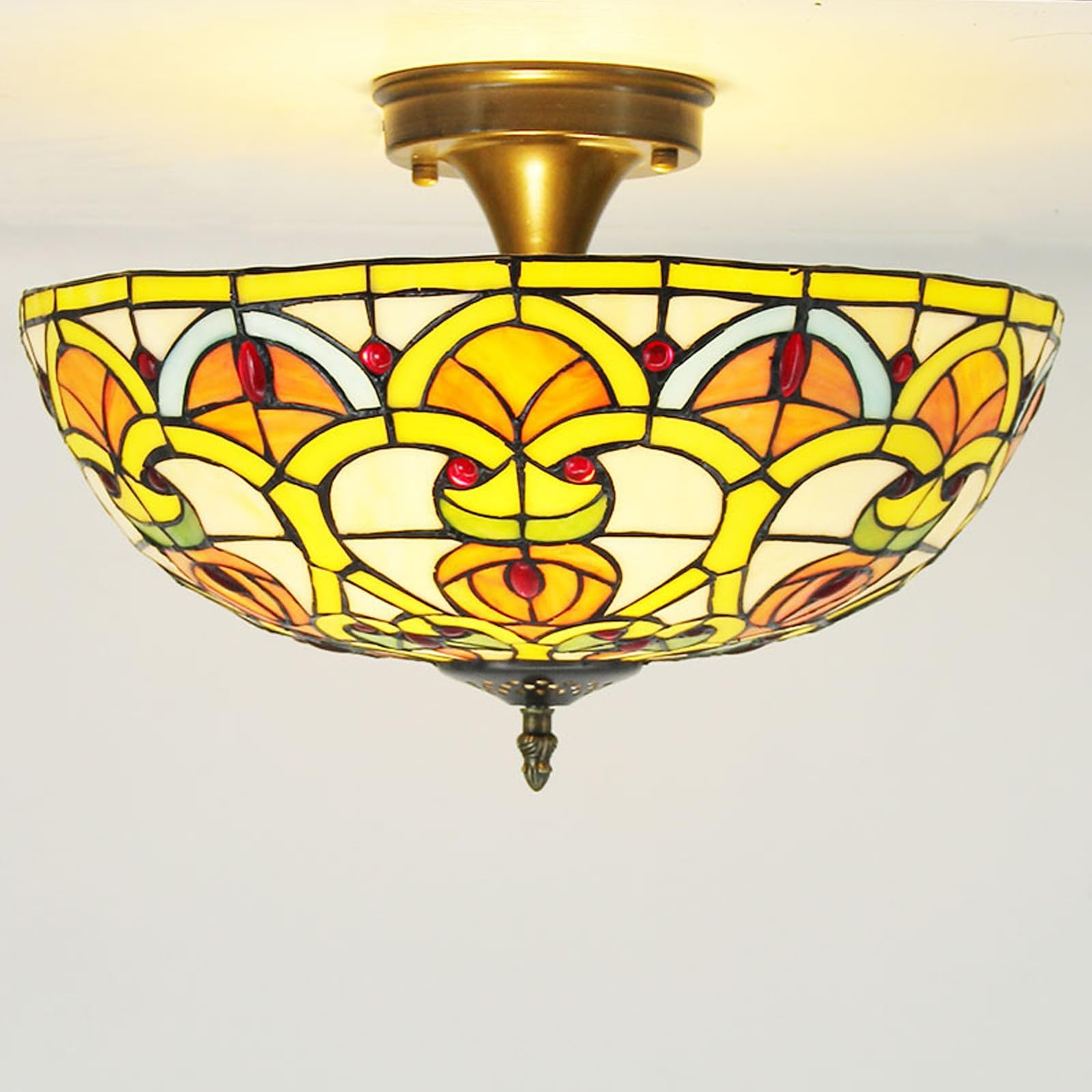 WDBZTJ Tiffany Style Ceiling Light Flush Mount, 12 inch Stained Glass Ceiling Lamp, E27 Bulb, Vintage LED Chandeliers for Living Room Bedroom(E1)