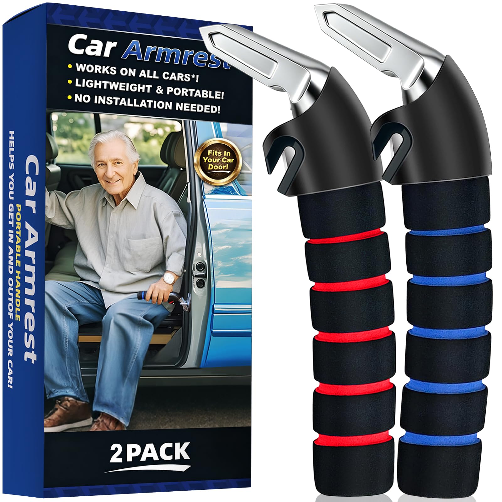 KOUNATSURI Car Handle Assist for Elderly Car Door Handle Multifunction Handle Car Door Latch Handle for Seniors and Handicapped(Blue, Red)