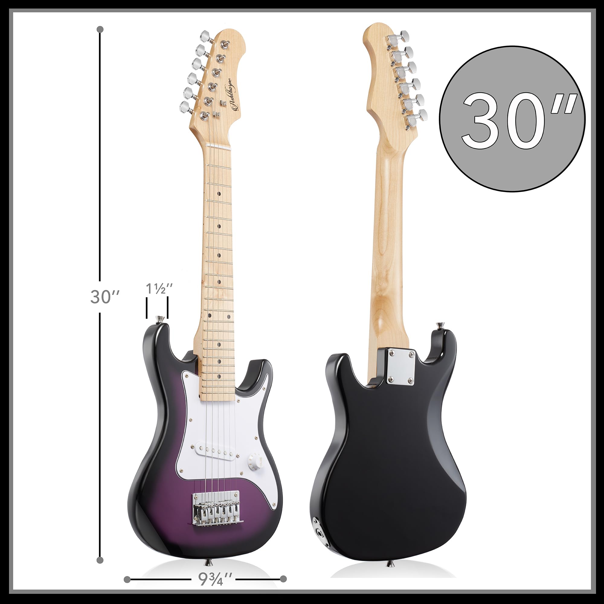 Ashthorpe E-Gitarren-Set für Anfänger, 76,2 cm, mit Verstärker, Basis-Starterpaket mit Gigbag, Saiten, Gurt, Plektren, Violett