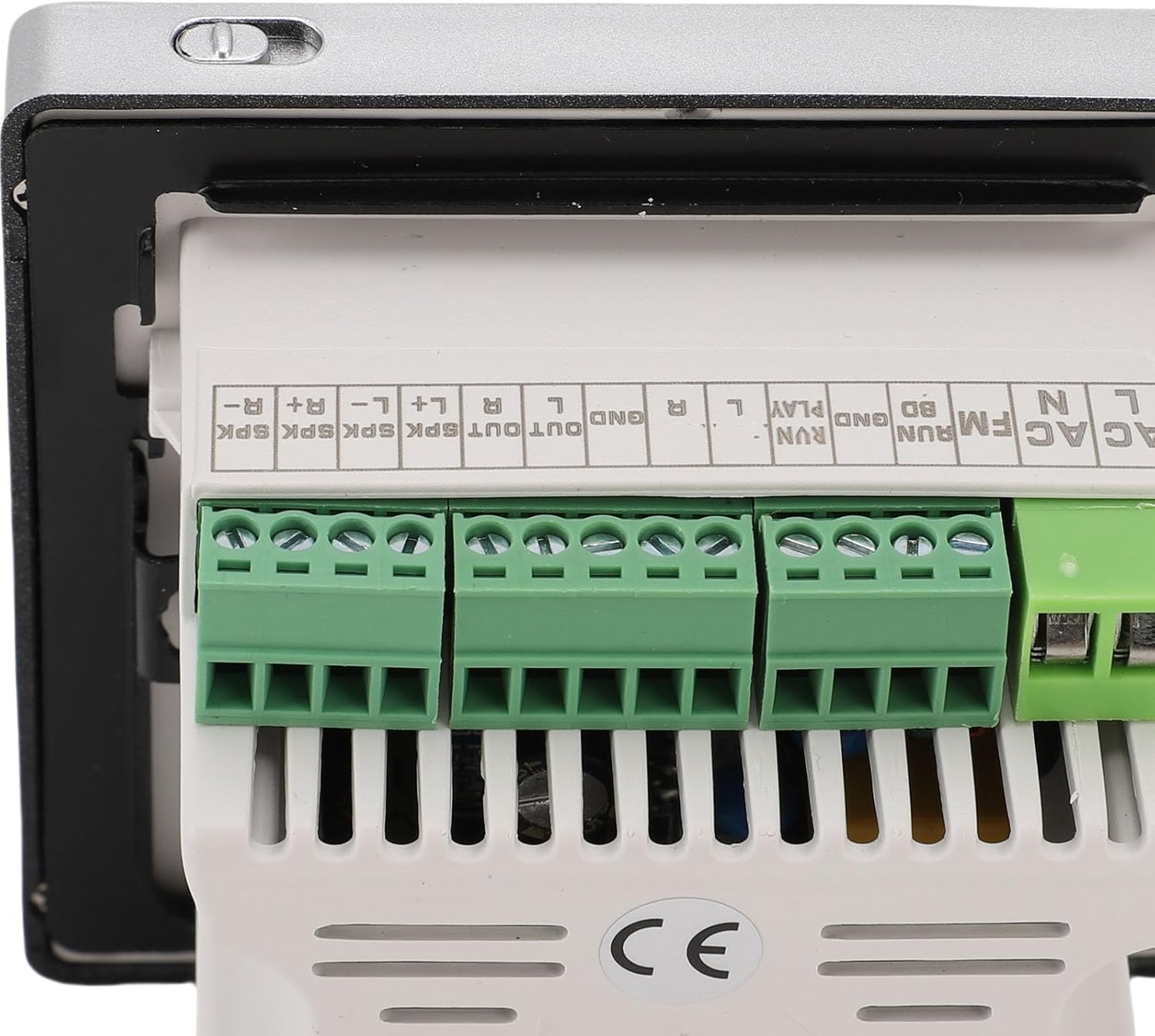 The GOWENIC wall amplifier's screen displaying a schedule for timed music function with specific ON/OFF times, such as 7:30 ON, 7:40 OFF.