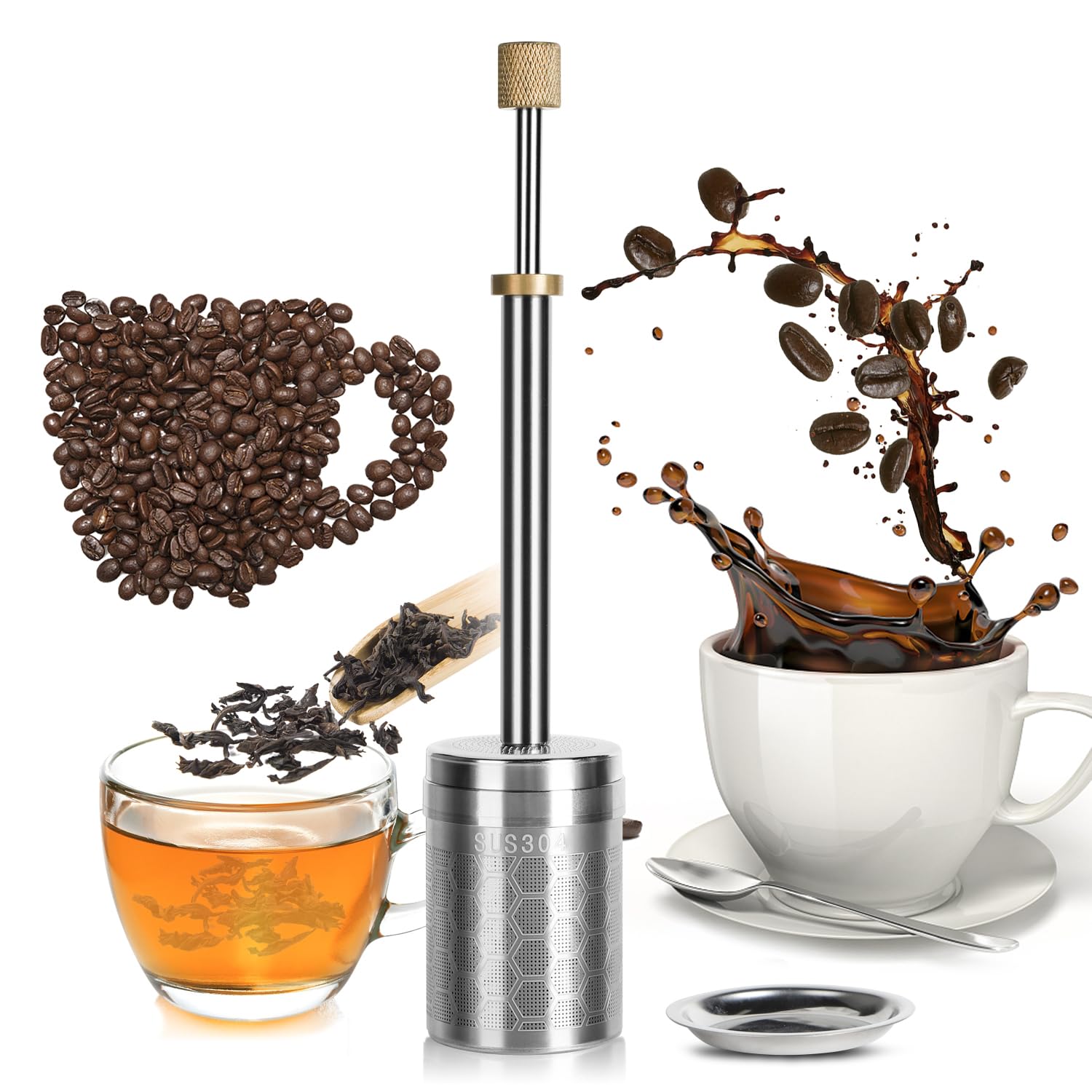 New Stainless Steel Pressurized Coffee Filter, Tea Filter, Stainless Steel Honeycomb Filter, Easy to Clean, Paperless Pressurized Coffee Filter, Reusable and Detachable Coffee Filter.