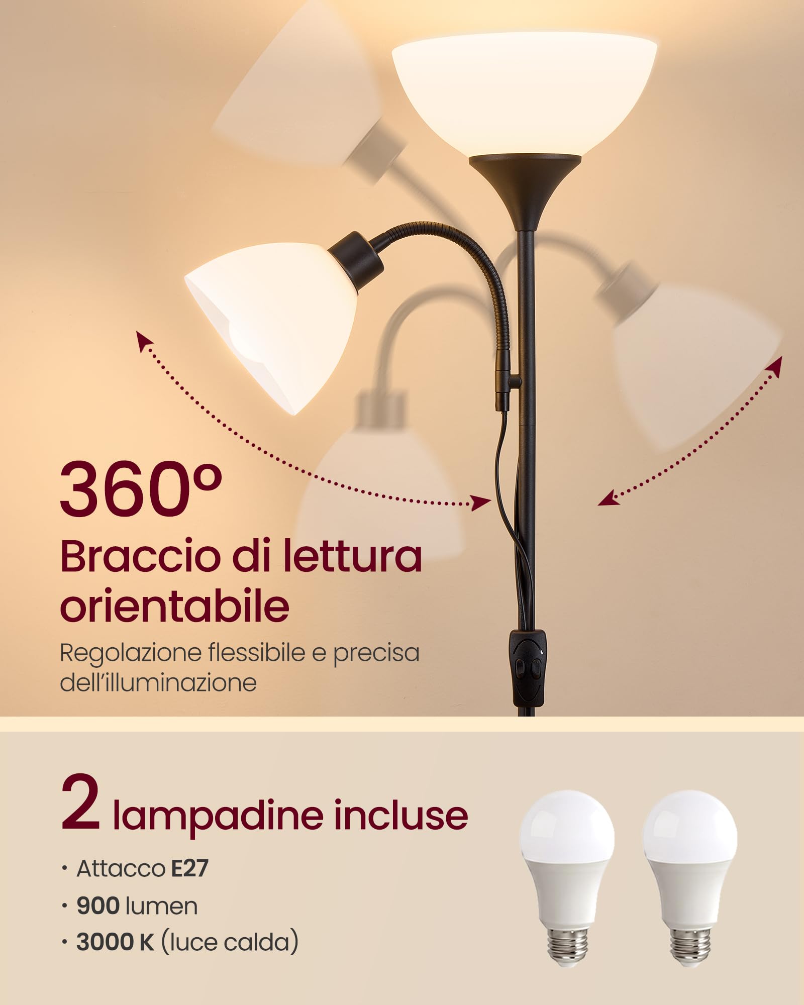 VASAGLE Lampada da Terra con Lampada da Lettura, Piantana in Ferro con Braccio Regolabile, 38,5 x 23,5 x 176 cm, Nero Opaco, per Soggiorno e Ufficio, Collezione Lusia LFL019B202
