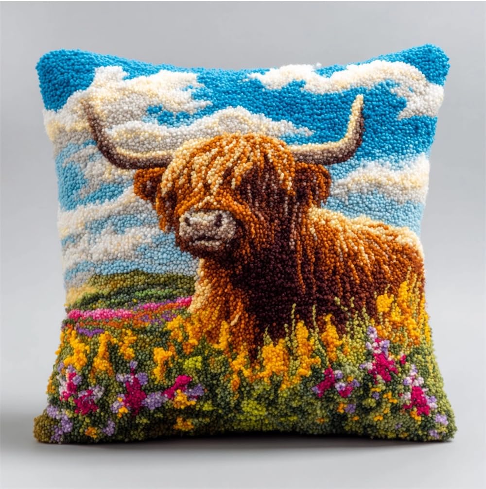kitphoenix Latch Hook Kit for Adults, Highland Cattle Amidst A Field of Flo