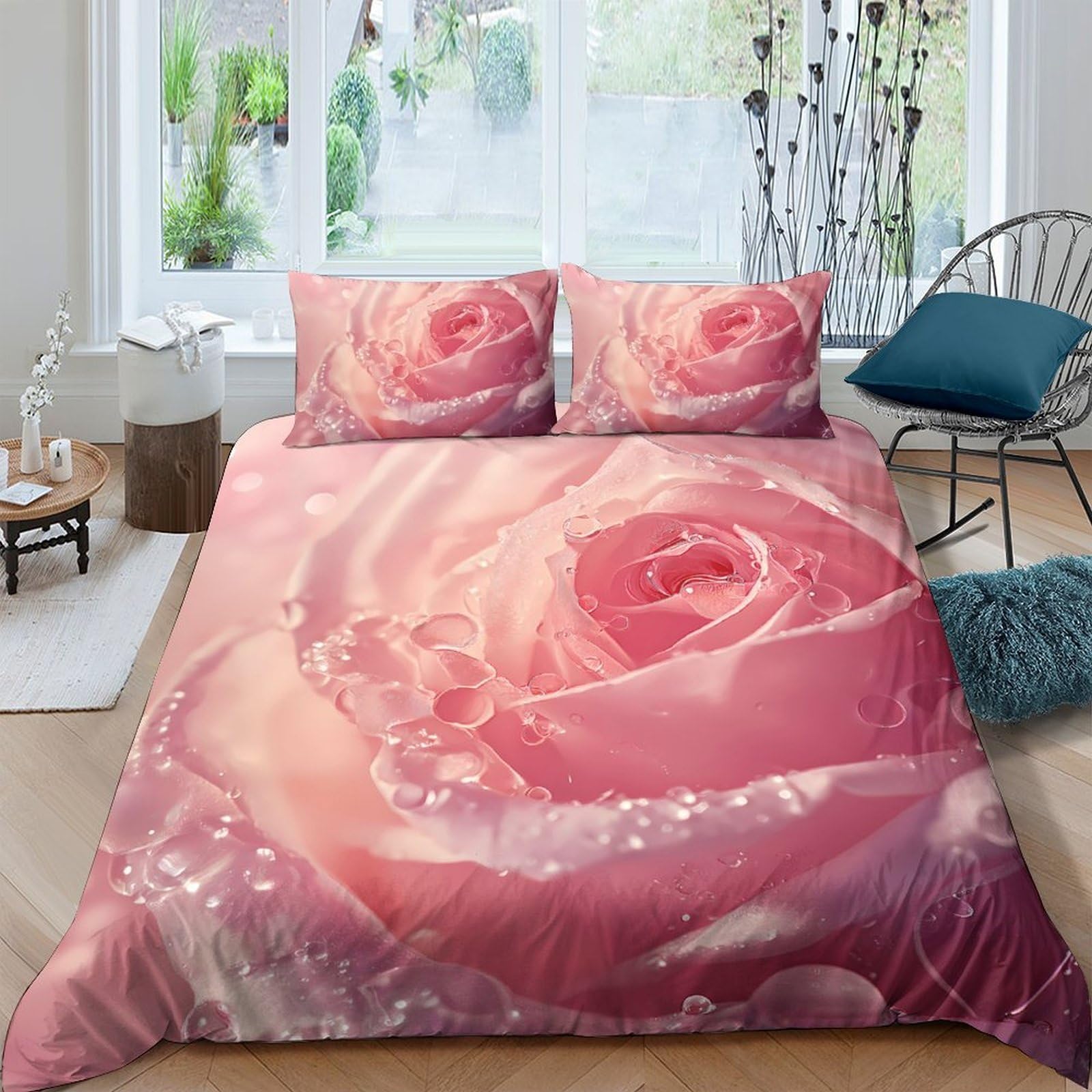 Ctjqhvkz Style-7 3D Printed Pink Rose Fitted Sheet Microfiber Soft Breathable Waterdrop Flower Mattress Cover Bedroom Decor Single（135X200cm）