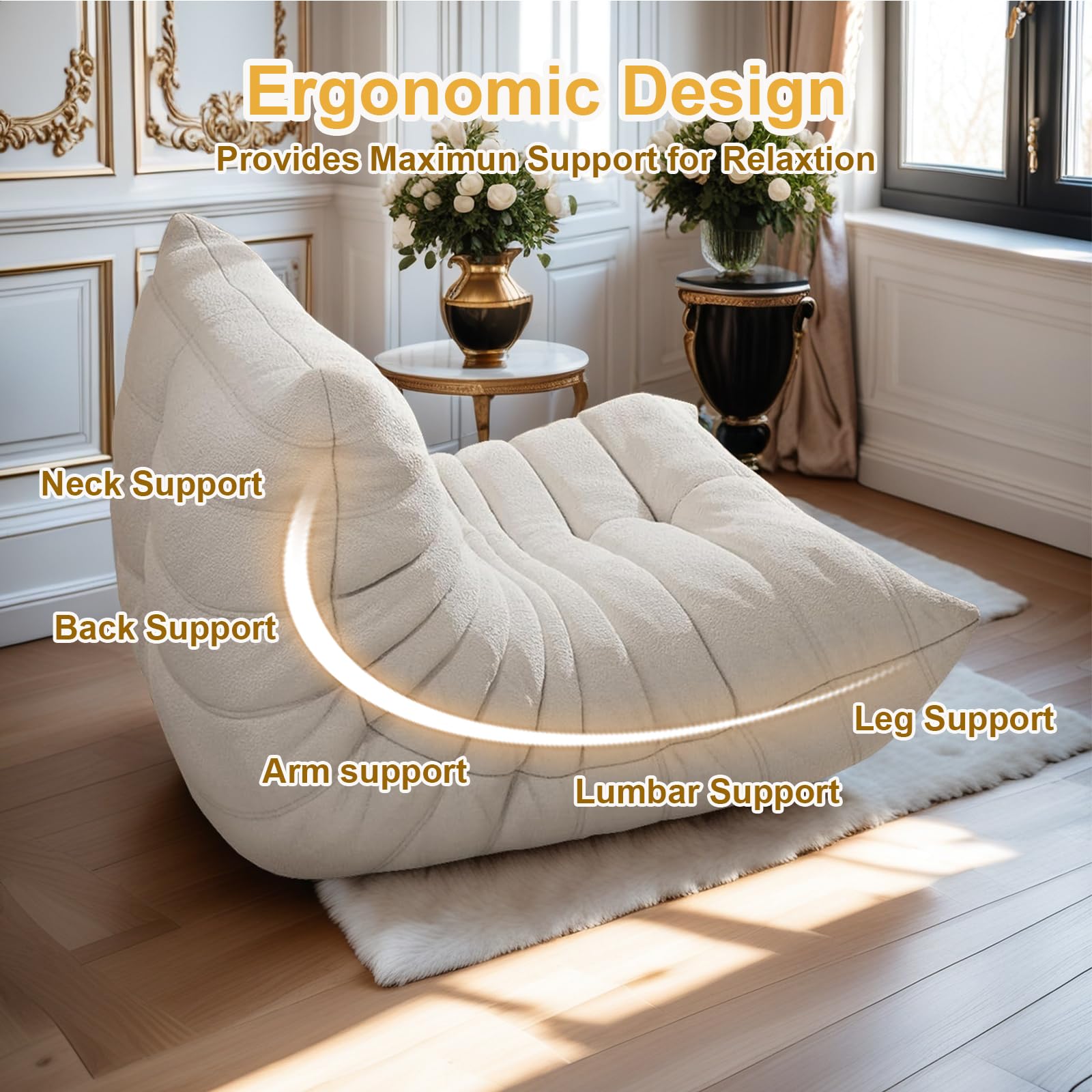 Comodo Divano Da Terra Pigro, Ampio Design Caterpillar In Un Unico Pezzo, Supporto Per Il Corpo a 5 Zone, Senza Telaio Con Spugna Ad Alta Densità, Divano Da Terra Ergonomico Per Soggiorno