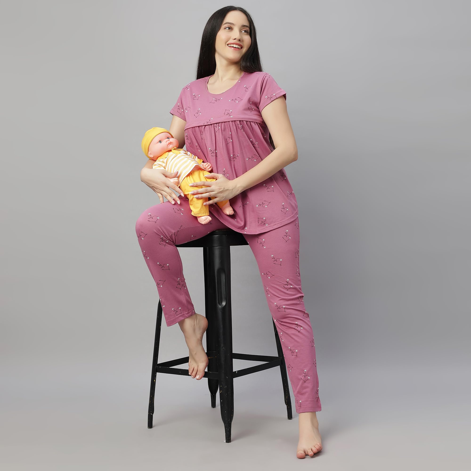 DZZO Women's Cotton Printed Maternity Night Suit | Comfortable Feeding Night Dress | Soft & Breathable Nursing Pajama Set | Color - Pink, Size - 2XL - Image 6 thumbnail