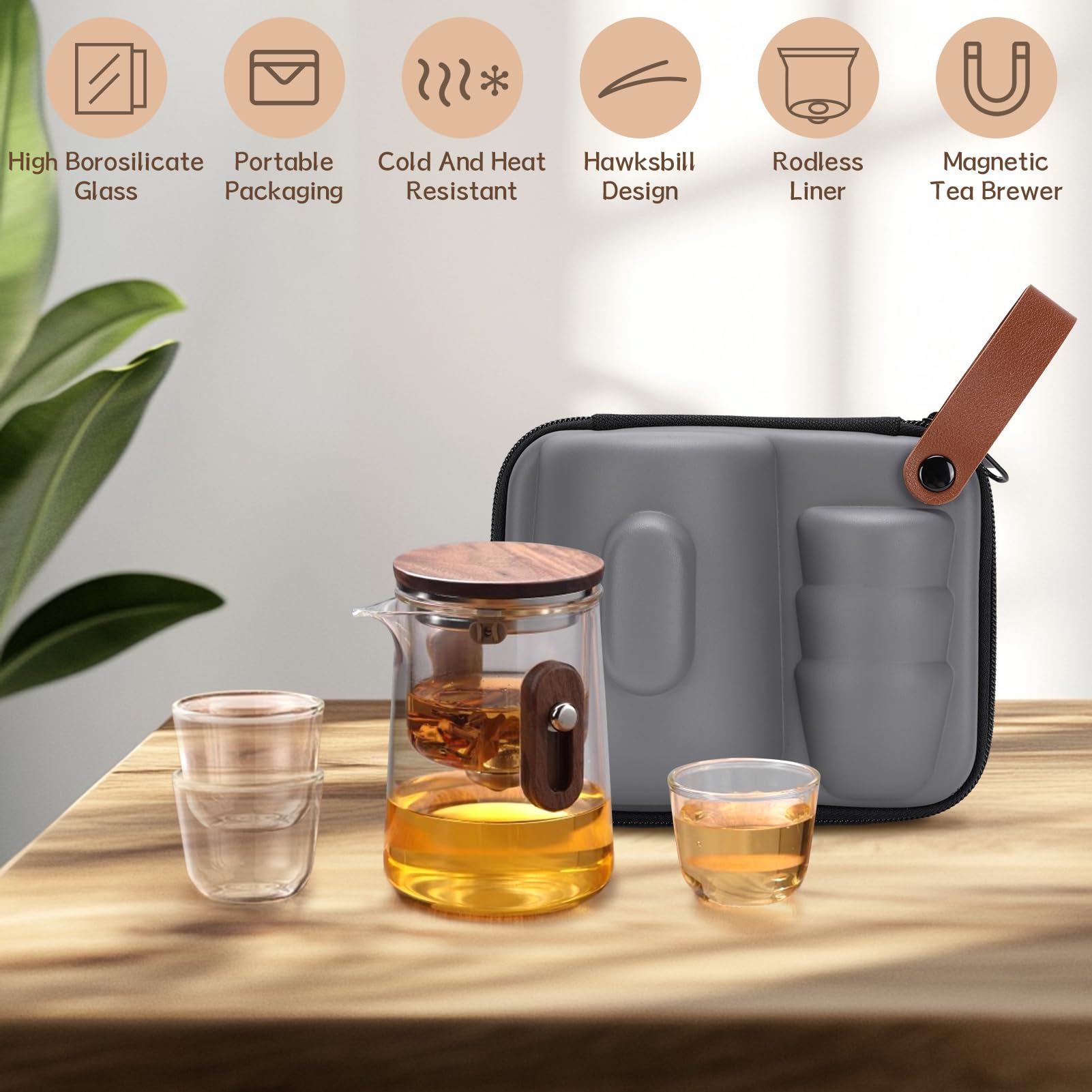 Enchanti Teekanne, magische Hexerei, verzaubertes Glas, Reise-Teekanne mit abnehmbarem Sieb, Borosilikatglas, Wassertrennung, Drucksteuerung, Teekanne mit 3 Tassen, Aufbewahrungstasche, 330 ml