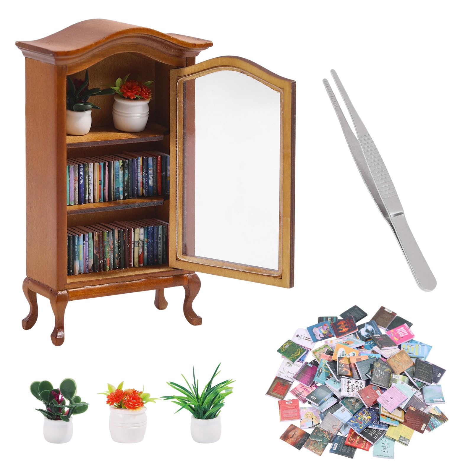 FREEBLOSS Mini Bookshelf with 100 Miniature Books 3 Miniature Plants Dollhouse Bookcase 1:12 Scale Dollhouse Furniture for Craft