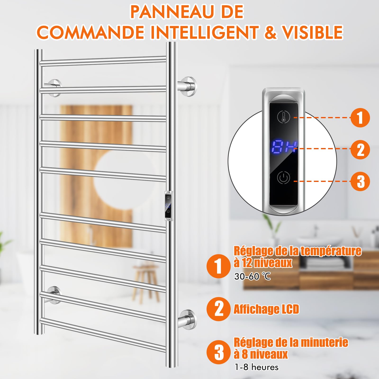 COSTWAY Sèche-Serviettes Électrique 30-60°C avec 10 Barres en Acier Inoxydable, Chauffe-Serviettes 120W Étanche Murale avec Minuterie Affichage LCD, Protection Surchauffe