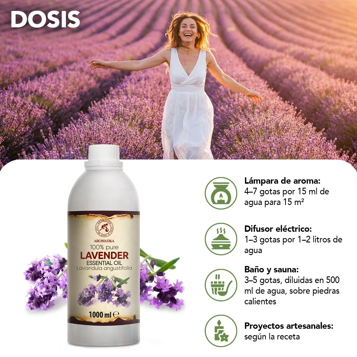 Aceite Esencial de Lavanda 1000ml - Lavandula Angustifolia - Aceites Esenciales Natural para Difusor - Calmante - Relajación - Cuidado Piel - Cuidado de Ropa - Protégé y Refrescas Prendas