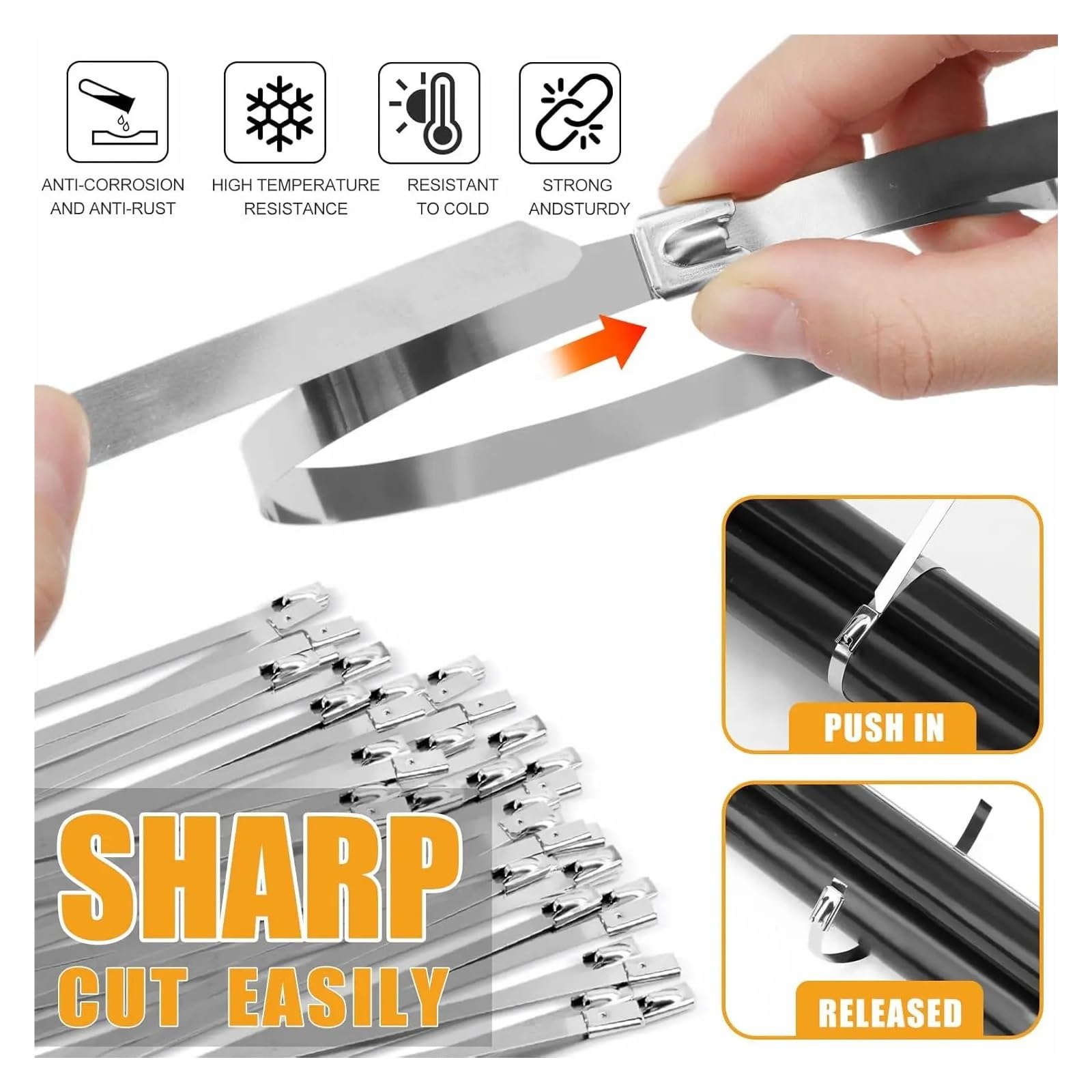 Metalowe opaski zaciskowe, Samoblokujące opaski kablowe ze stali nierdzewnej, srebrne 7,9 mm x (100–350), opakowanie 10–60 szt(7.9x300mm,60PCS)