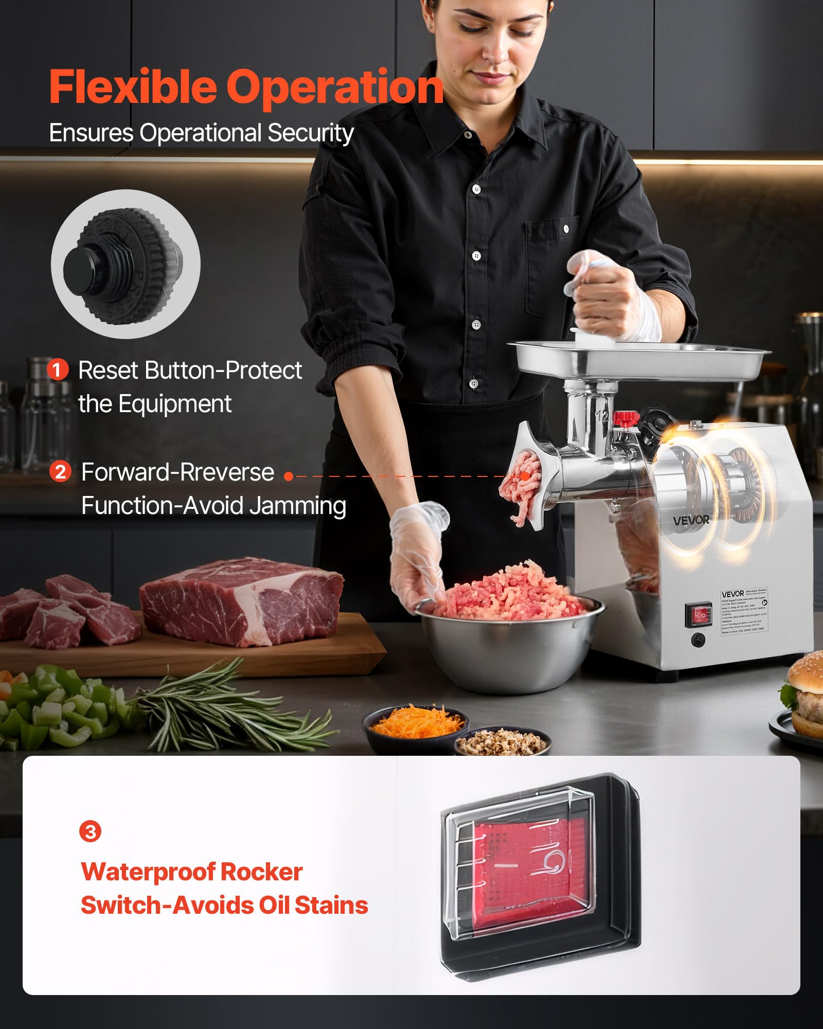 VEVOR Picadora de carne eléctrica comercial, capacidad 3 kg/min, picadora industrial n. ° 12 con 2 cuchillas de acero inoxidable, 2 discos de molienda, relleno de salchichas para cargas pesadas