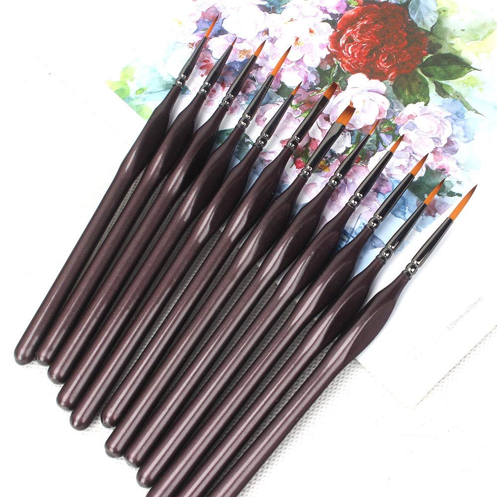 Ensemble de pinceaux Miniatures pour détails Fins, idéal pour Le Dessin au Trait, la Peinture Acrylique, Aquarelle et Huile (12 pièces).，Brown 12 pcs，Brown 12 pcs