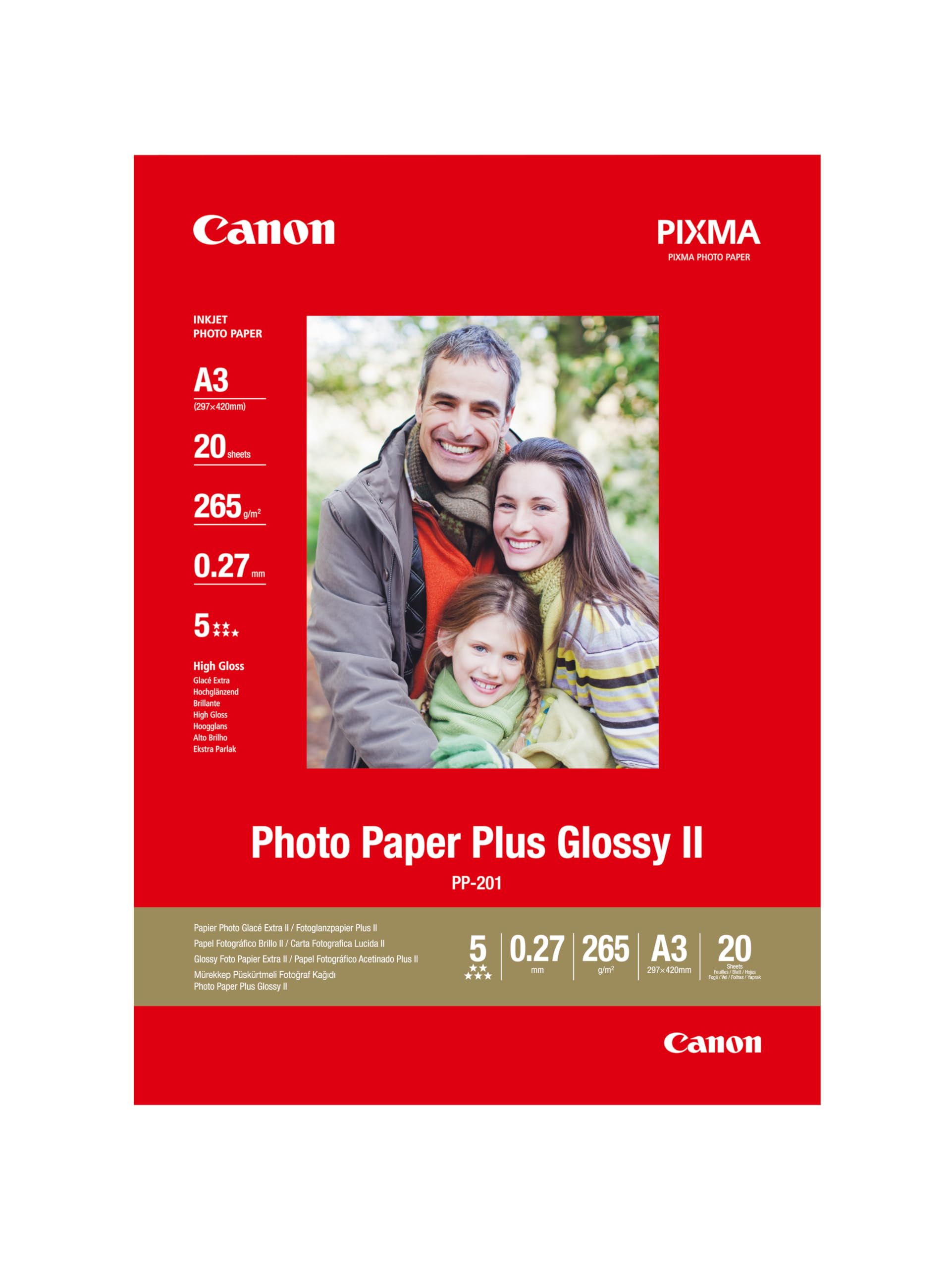 Canon Photo Paper PP-201 Glossy - DIN A3 20 Sheets for Inkjet Printers - PIXMA Printer (265 g/m²)