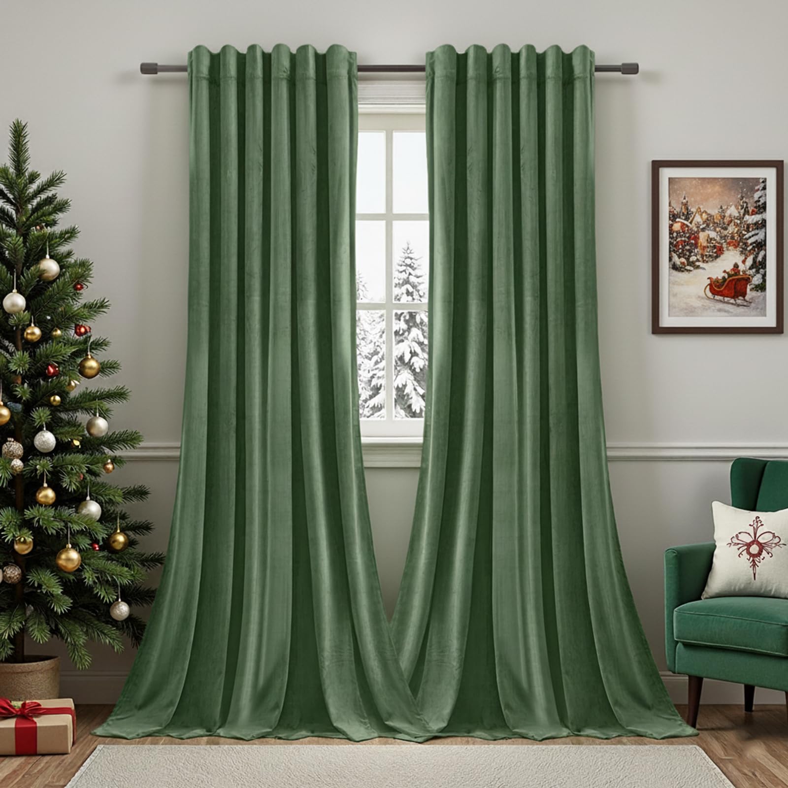 Rosnek Thermovorhang Kräuselband 2 Stück,90% Blackout Curtains Thermogardine Vorhang Samt,Verdunkelungsvorhänge übergardinen Vorhänge,Olivgrün,H244xB132CM