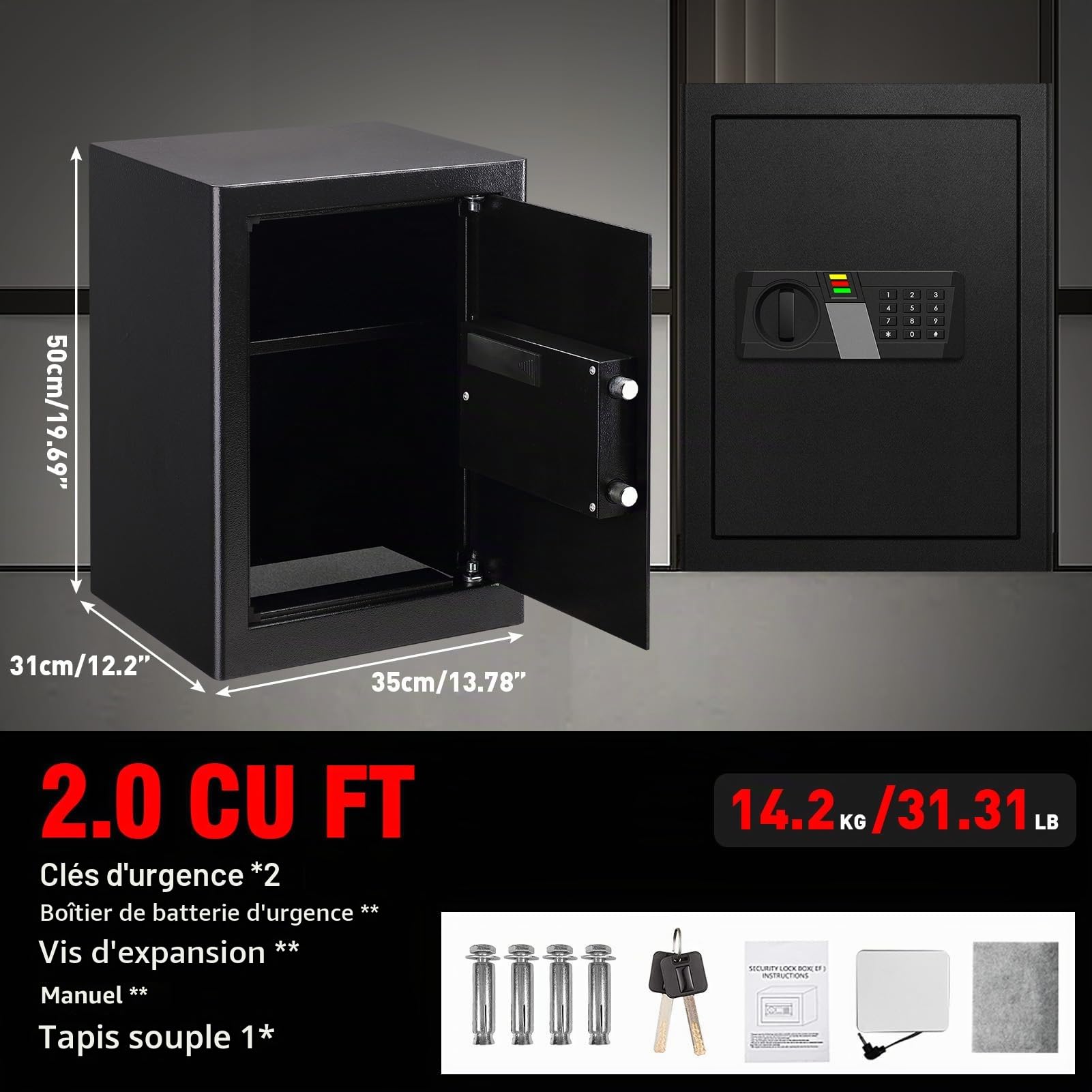 Coffre-fort de sécurité en acier de grande taille avec éclairage LED et clavier numérique, boîte de sécurité pour la maison de 60L avec sac ignifuge, coffre-fort sécurisé pour argent, bijoux