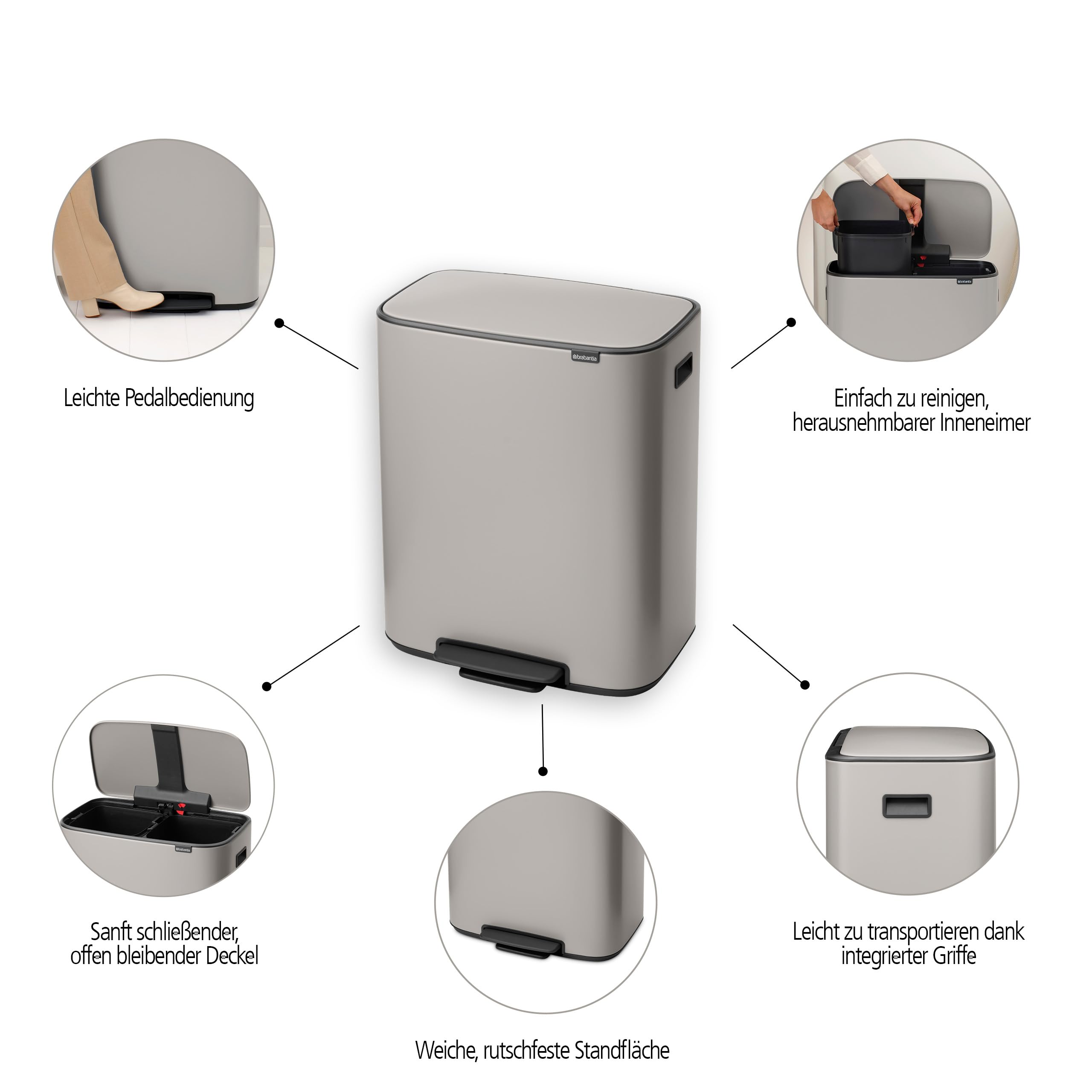 Brabantia Bo Tretmülleimer – 2 x 30 l Inneneimer (Soft Grey) Großer Abfalleimer-/Recycling Behälter – sanft schließender Deckel