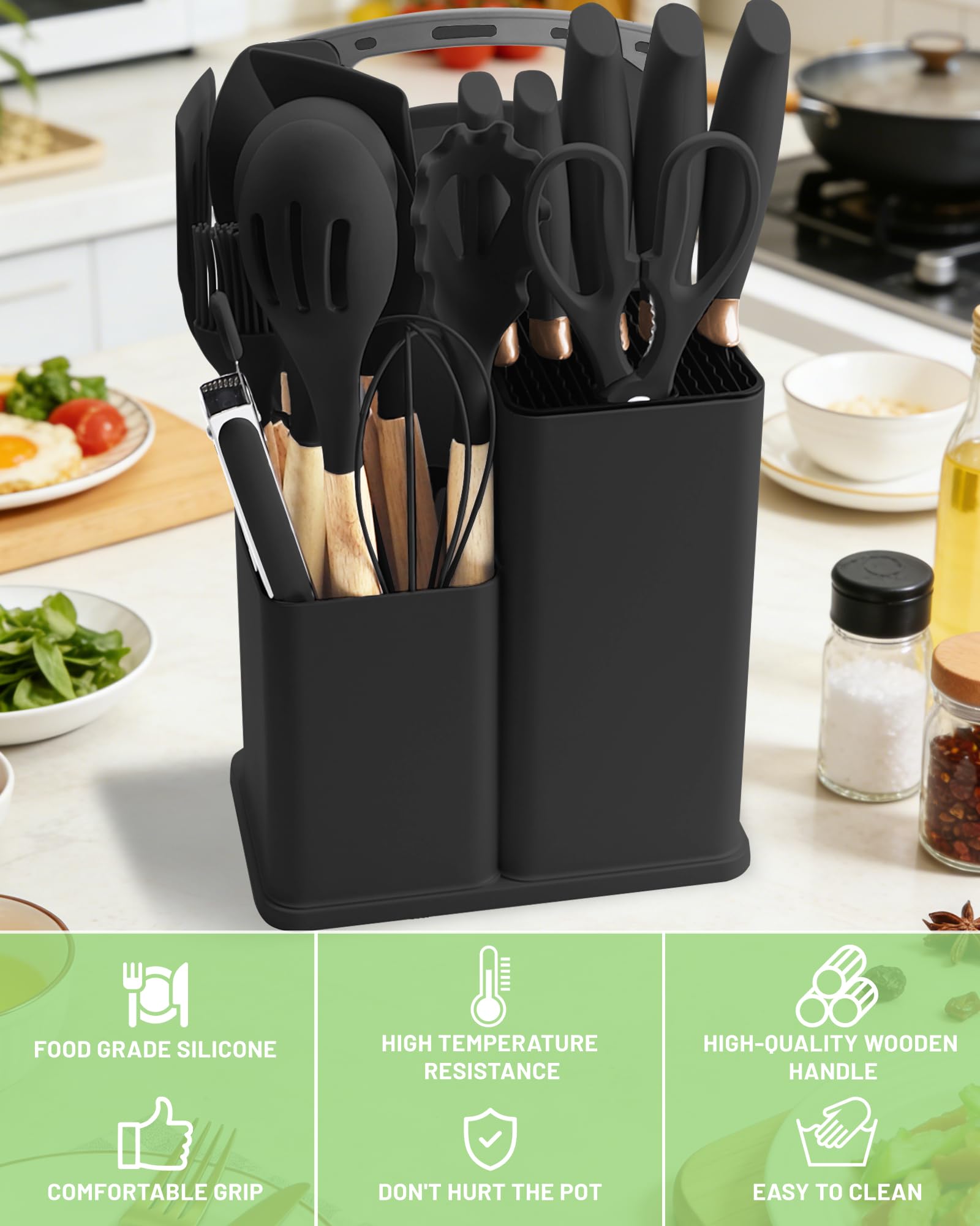 19 Pezzi Set di Coltelli da Cucina - Utensili da Cucina in Silicone con 5 Coltelli per Pentole Antiaderenti, con Scatola di Stoccaggio
