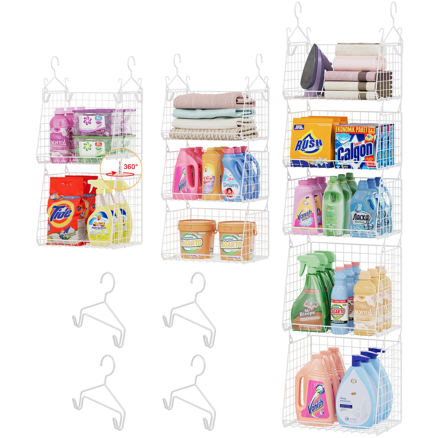 Sonyabecca 5-Tier Hanging Laundry Basket Organizer: Foldable Wire Shelf Basket with 4 Large Hooks 1.65" &amp; 360°Rotating Hooks – Space-Saving Laundry Room Organization for Wardrobe Closet, White Patent