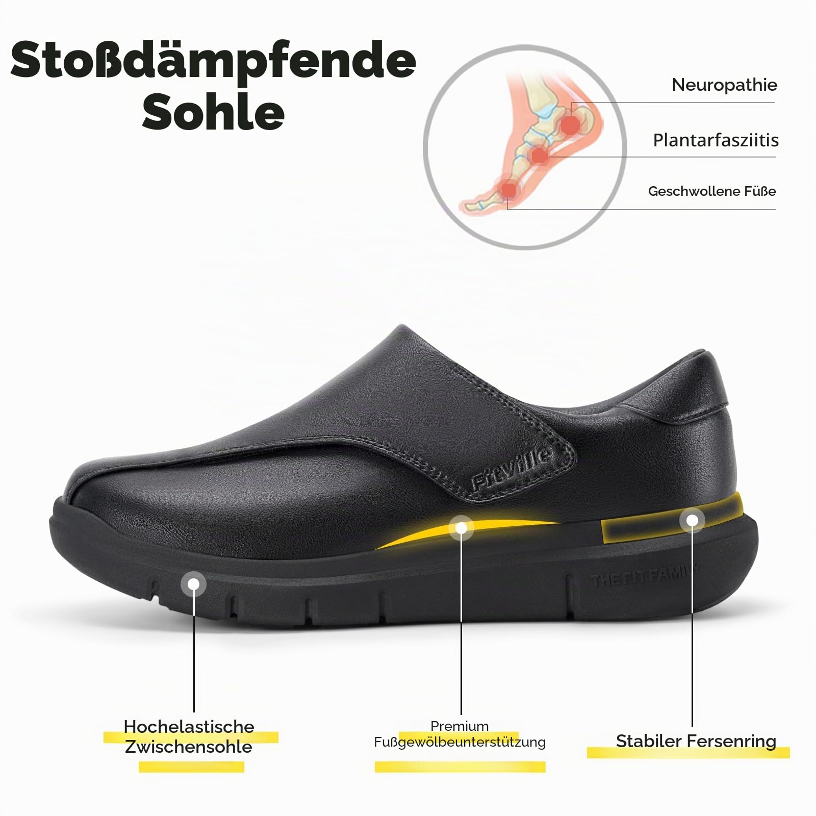 FitVille Extra Weite Lederschuhe Herren mit Klettverschluss Bequeme Seniorenschuhe Pflegeschuhe Gesundheitschuhe Hausschuhe Business Casual Schuhe für Breite Füße EasyTop Deluxe V1