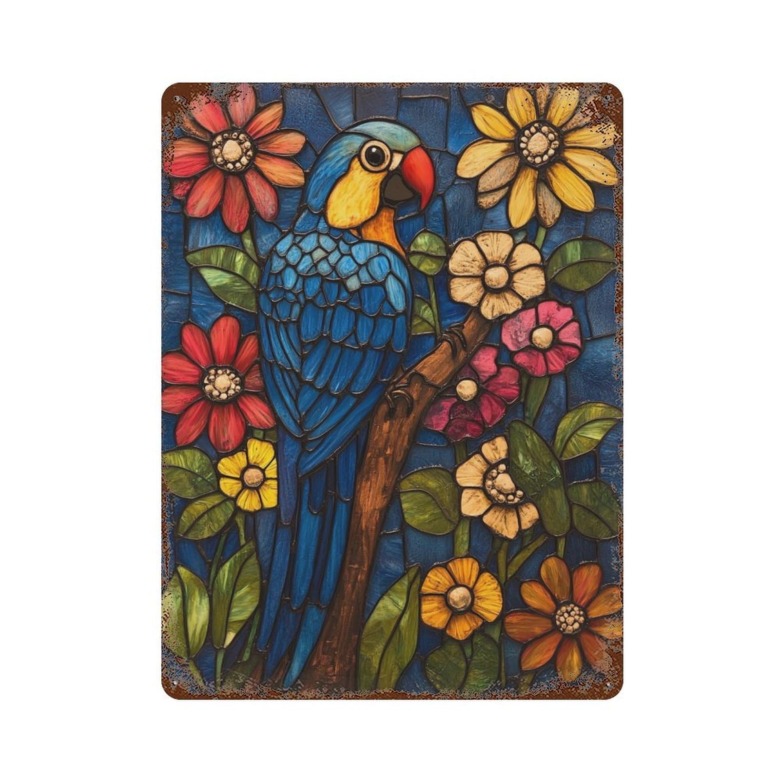 Stained Glass Parrot Artwork-4 Aged Metal Wall Plaque 15.7"x11.8", for Office, Studio And Wall Decor, Novelty Wall Decor