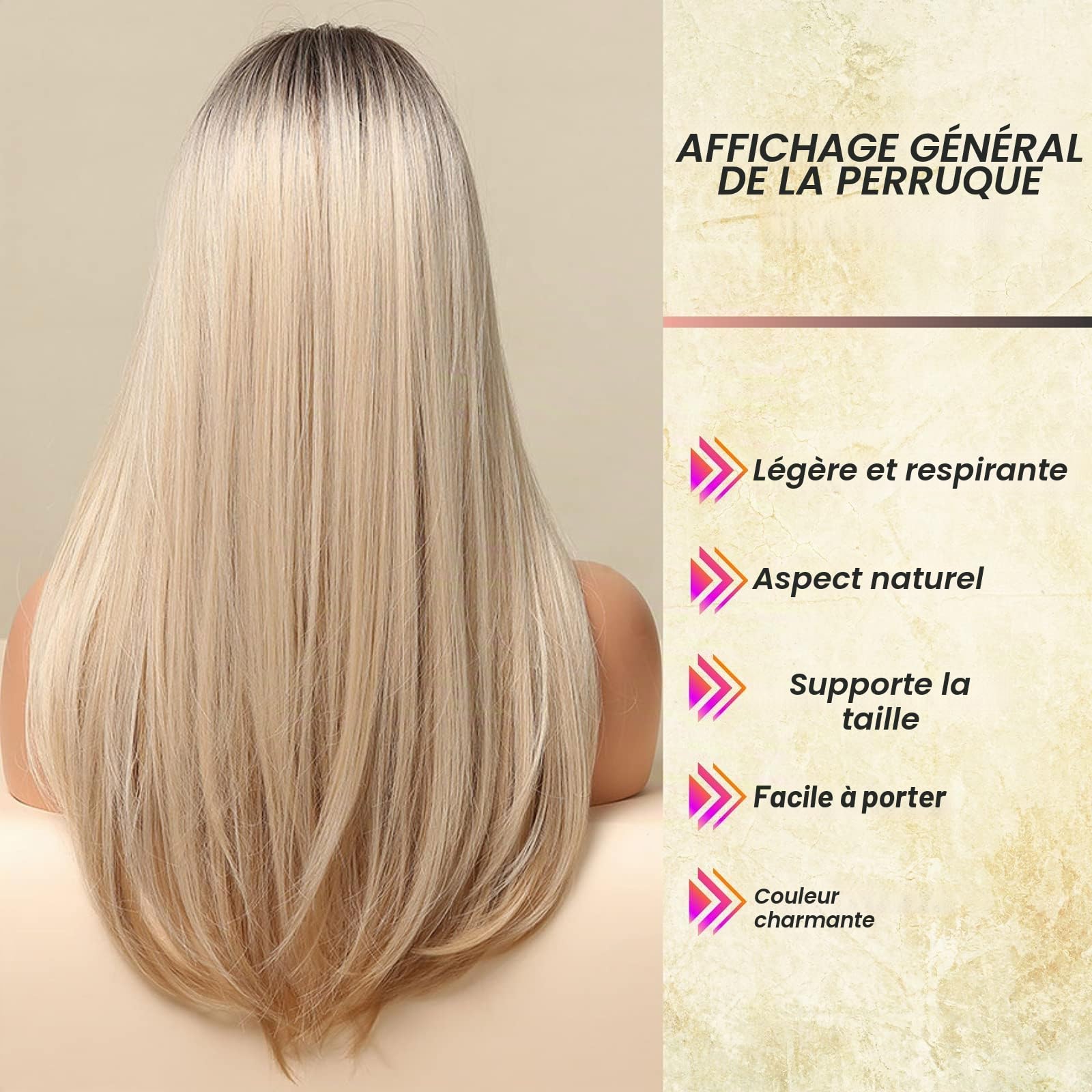 Honygebia Perruque longue blonde avec frange - Perruques blondes ombrées avec racines foncées pour femmes blanches, cheveux synthétiques ondulés naturels résistants à la chaleur pour tous les jours