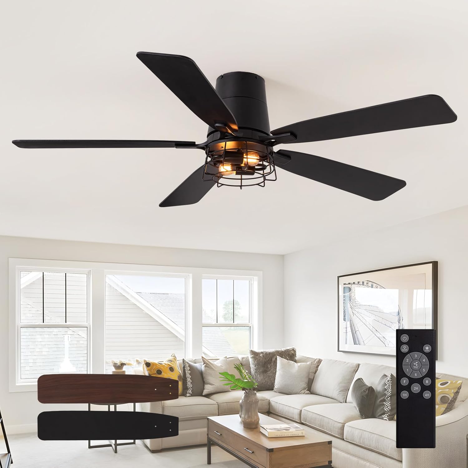 52 Inch Ceiling Fans with Lights, Farmhouse Ceiling Fan with Lights and Remote, Noiseless DC Motor, Black Flush Mount Ceiling Fan for Bedroom Living Room Indoor Outdoor 52inch