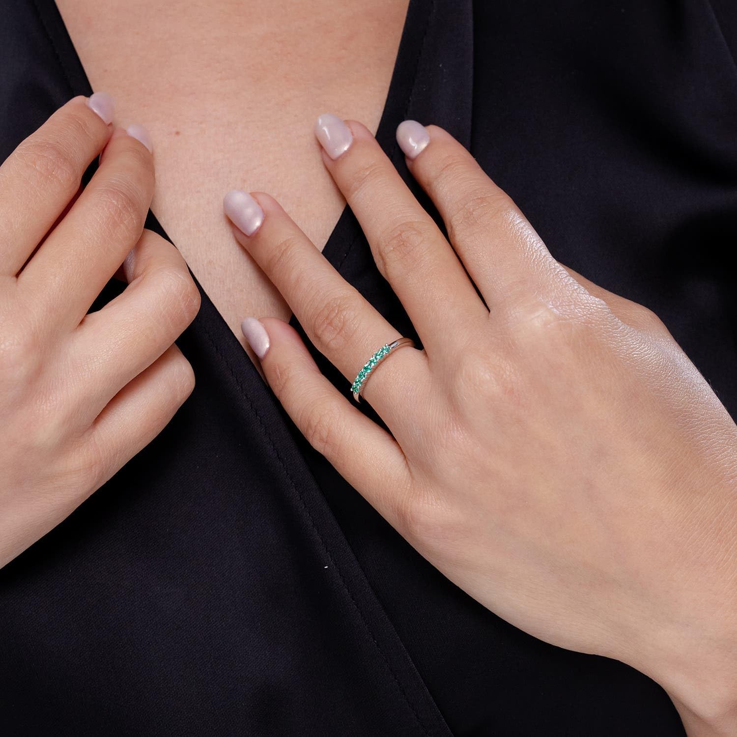 Angara Natural Emerald Wedding Ring for Women | Half Eternity Seven Stone Emerald Wedding Ring in 14K Solid Gold/Platinum | May Birthday, Anniversary, Gemstone Jewellery Gift