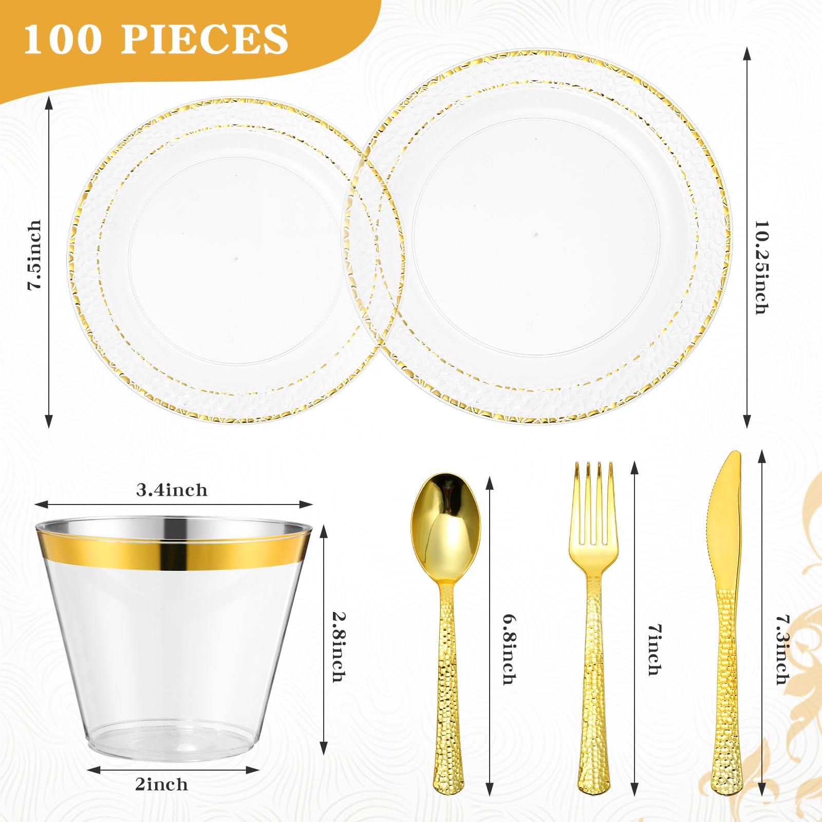 Jinei 700 Pcs Gold Disposable Plates Bulks Clear and Gold Party Supplies Gold Plastic Dinnerware Set Crystal Design for Wedding Party, Include Dinner Pate, Dessert Plat, Cutlery, Cup, Napkin 100 Each