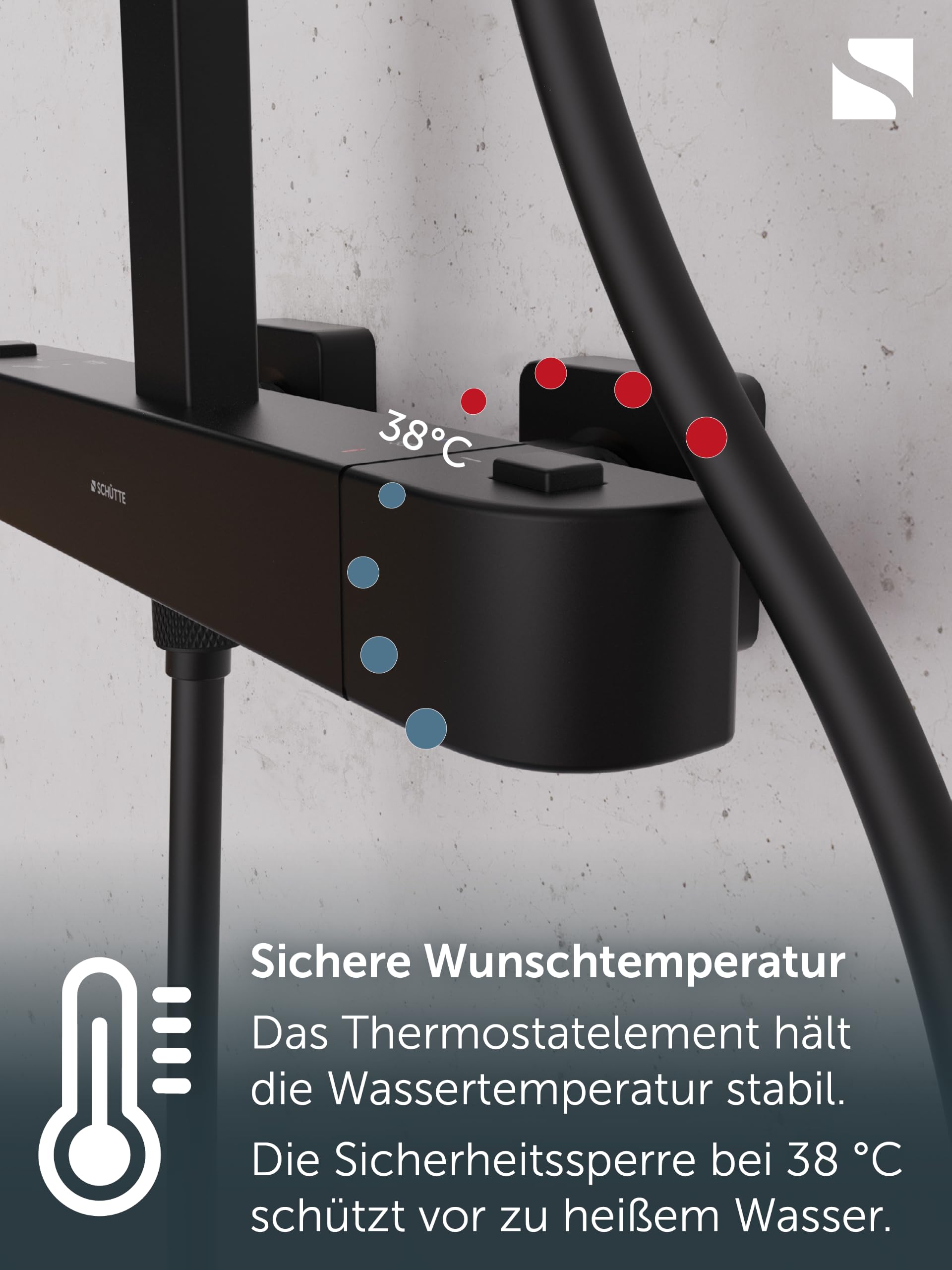 SCHÜTTE GRAN CANARIA E Duschsystem Regendusche mit Thermostat und Wandhalterung, 30x30cm Edelstahl Duschkopf, Duschset inkl. Duscharmatur, Duschstange Brause, Schwarz