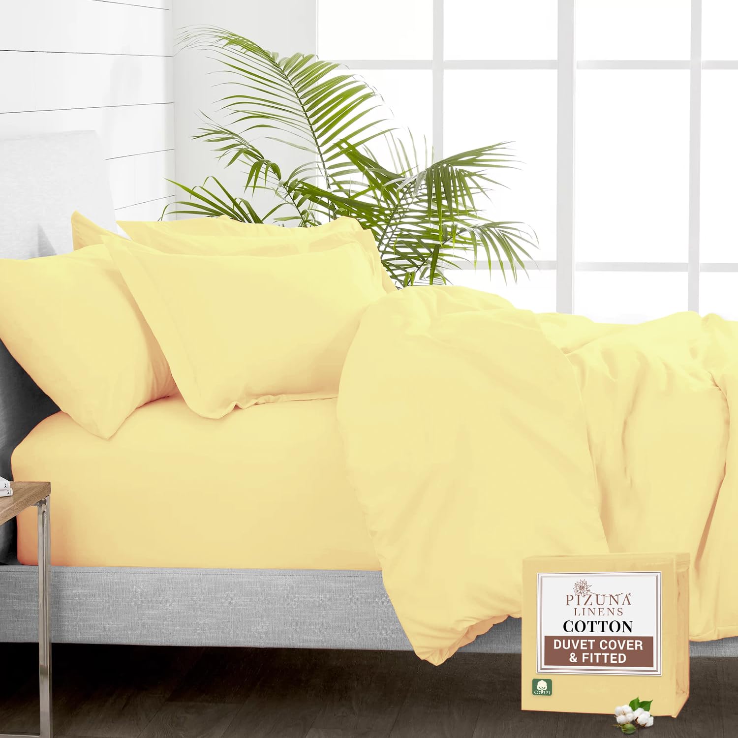 Pizuna Pure 100% Cotton King Size Duvet Cover Sets with King Size Fitted Sheets Mellow Yellow