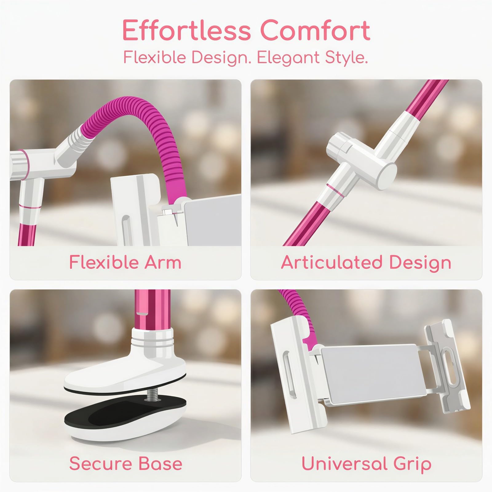 Support de Tablette Flexible, Bras Long pour lit et Bureau, Support Pince Rose pour téléphone, Rotatif à 360 degrés, Bras col de Cygne pour Films et Lecture, réglable et Pratique au Quotidien