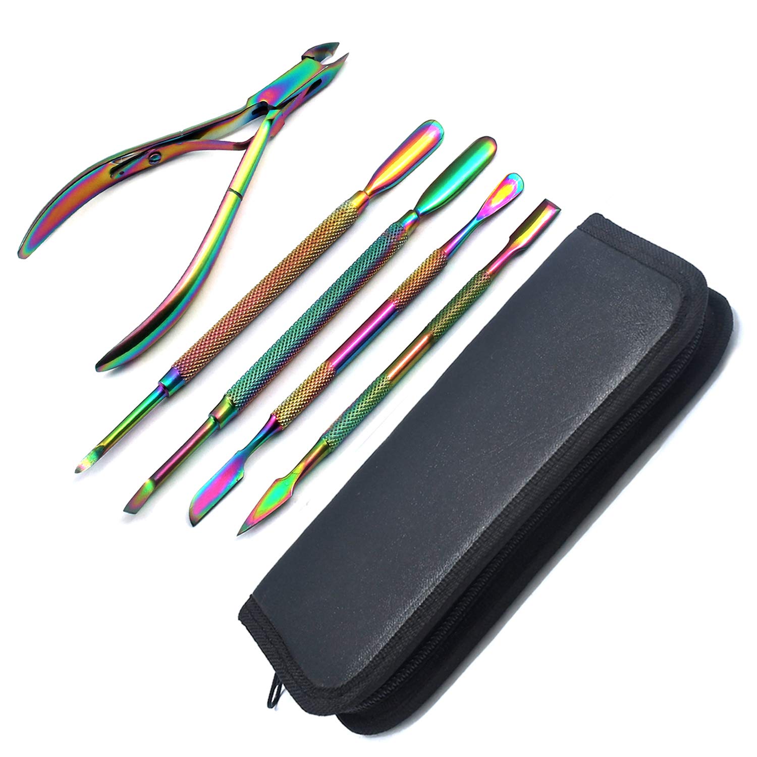 AAProTools Rainbow Cuticle Pusher Nipper Remover Kit, Cuticle Tools, Manicure Sets, Double Ended, Stainless Steel 5 Piece in Box