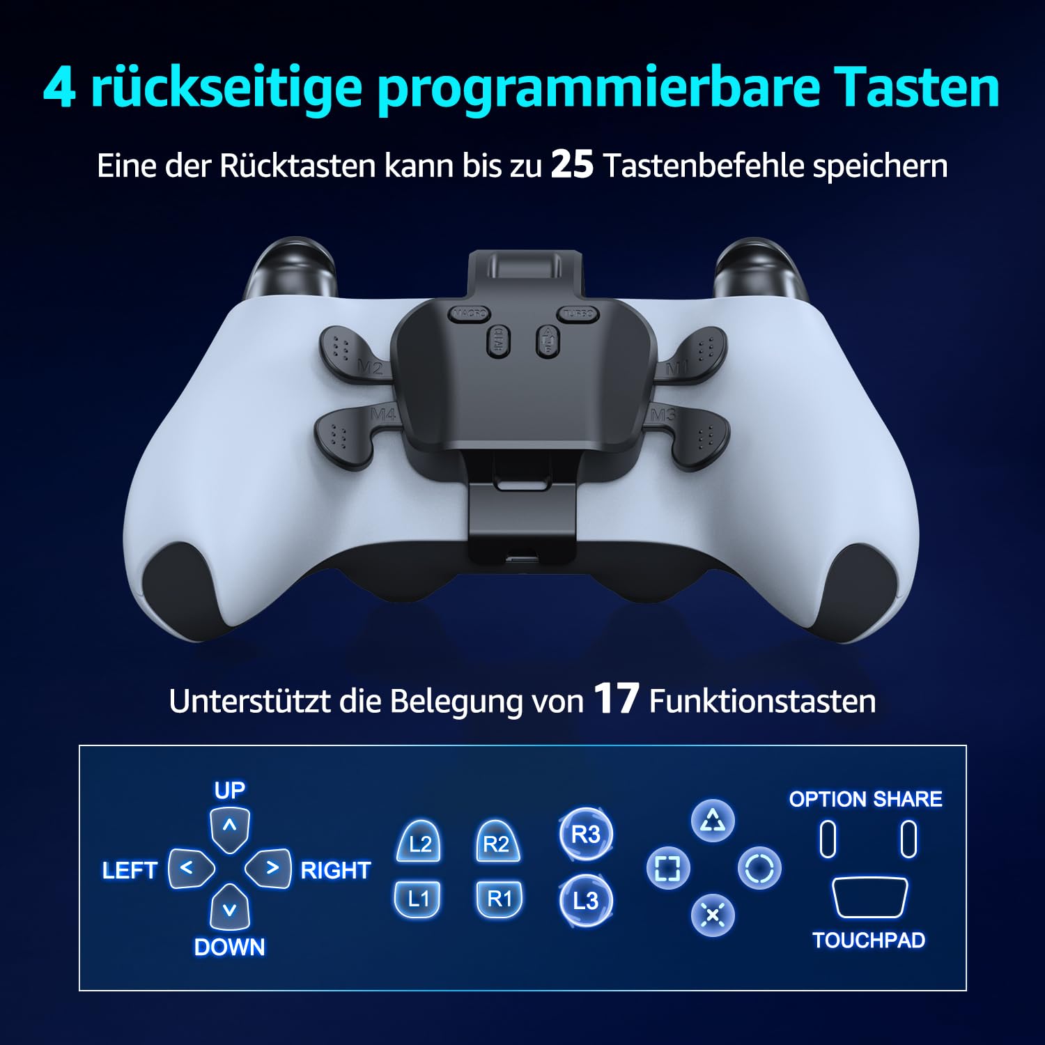 IWGAME Paddles-Zubehör für PS-5 Controller, 4 programmierbare Rückseitentasten mit Remap/Combo/Turbo/Tastenvertauschungsfunktion, Verkabelt Plug & Play, Kompatibel mit PS-5/PC/Mac(2,2 m USB-Kabel)