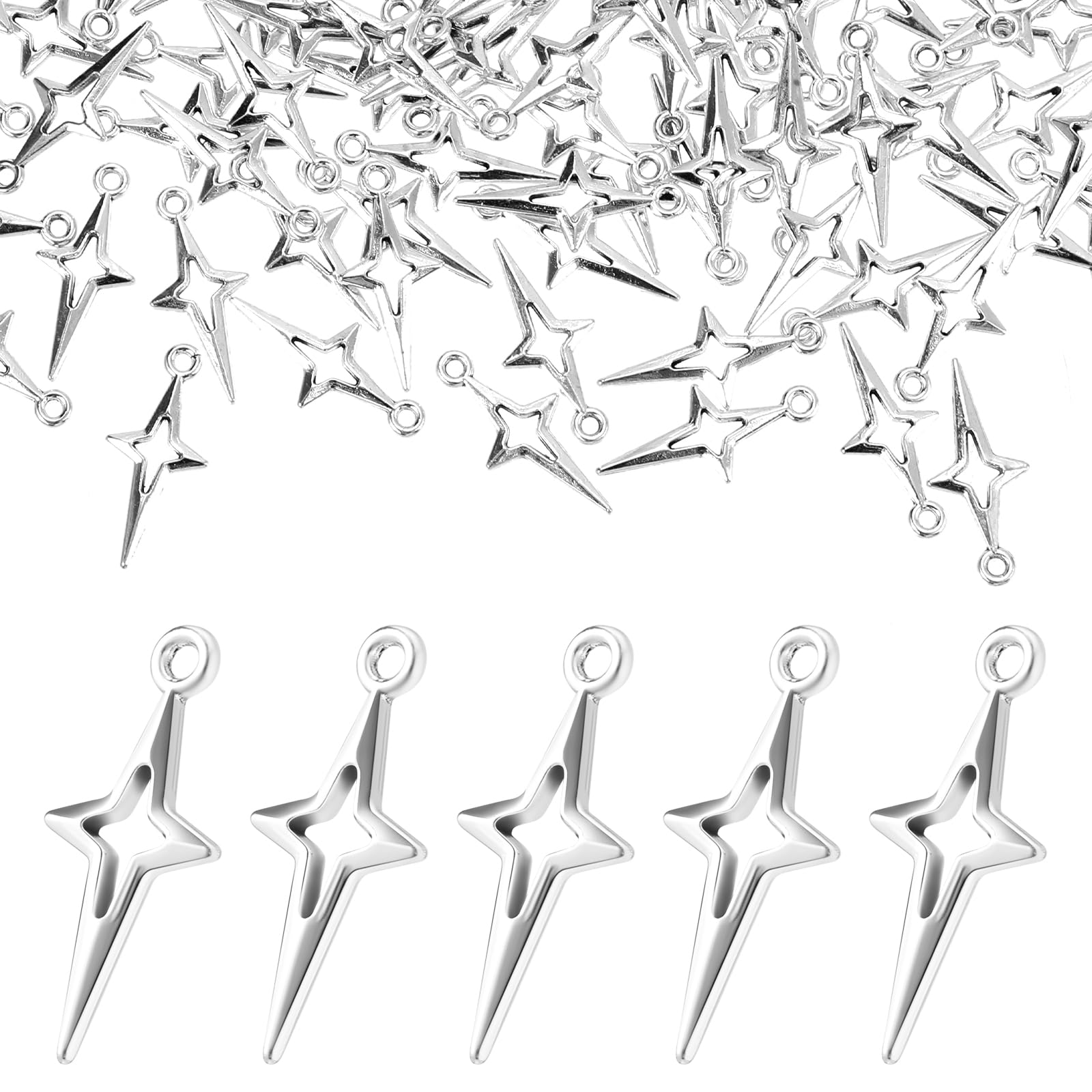 100 dijes de estrella plateada, dijes de estrella para hacer joyas, pequeños dijes de estrella hueca de metal de cuatro puntas para manualidades, pulseras, aretes, collares, colgantes