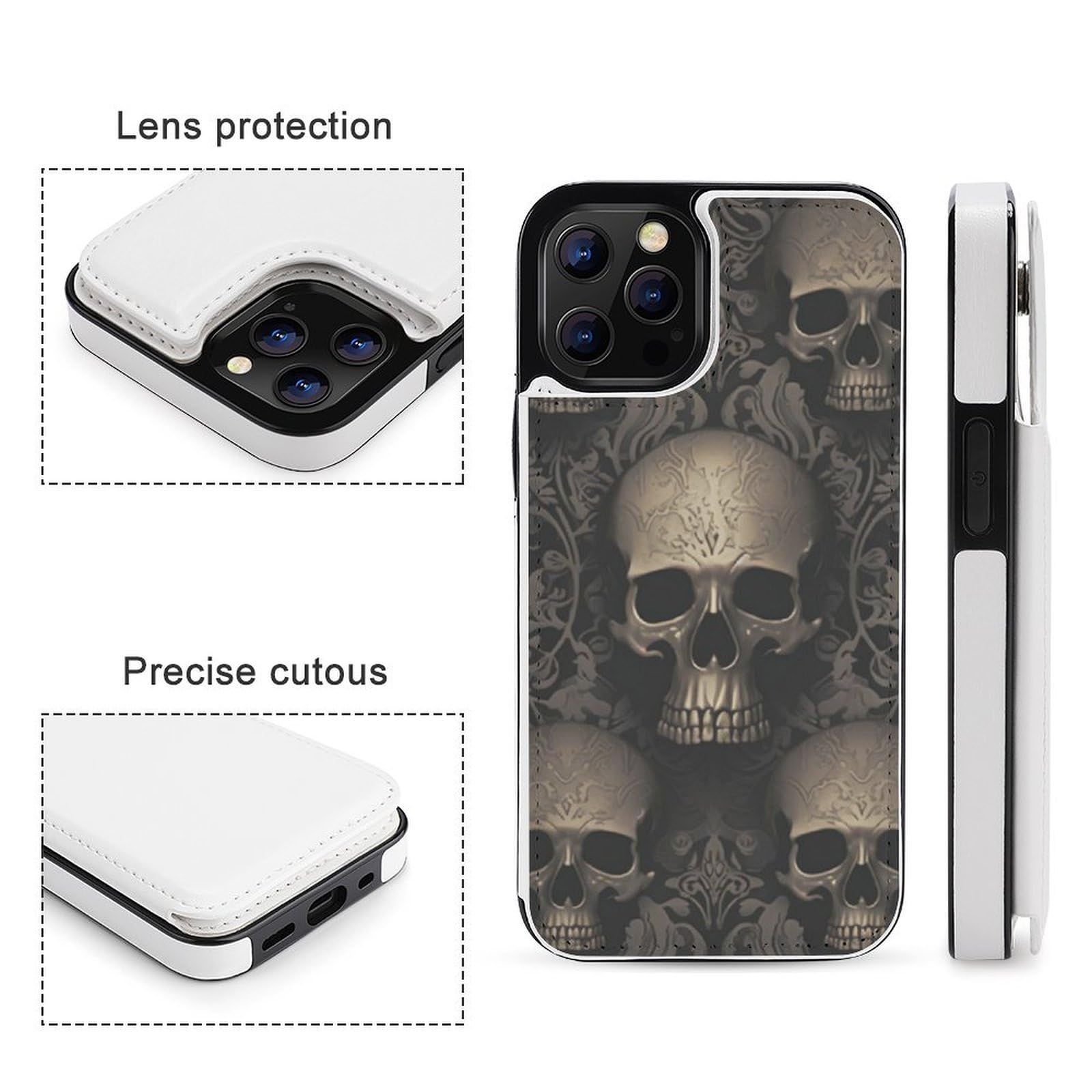 Funda tipo cartera para iPhone 12 Pro, papel pintado gótico, estampado de calaveras, funda de piel con ranuras para tarjetas