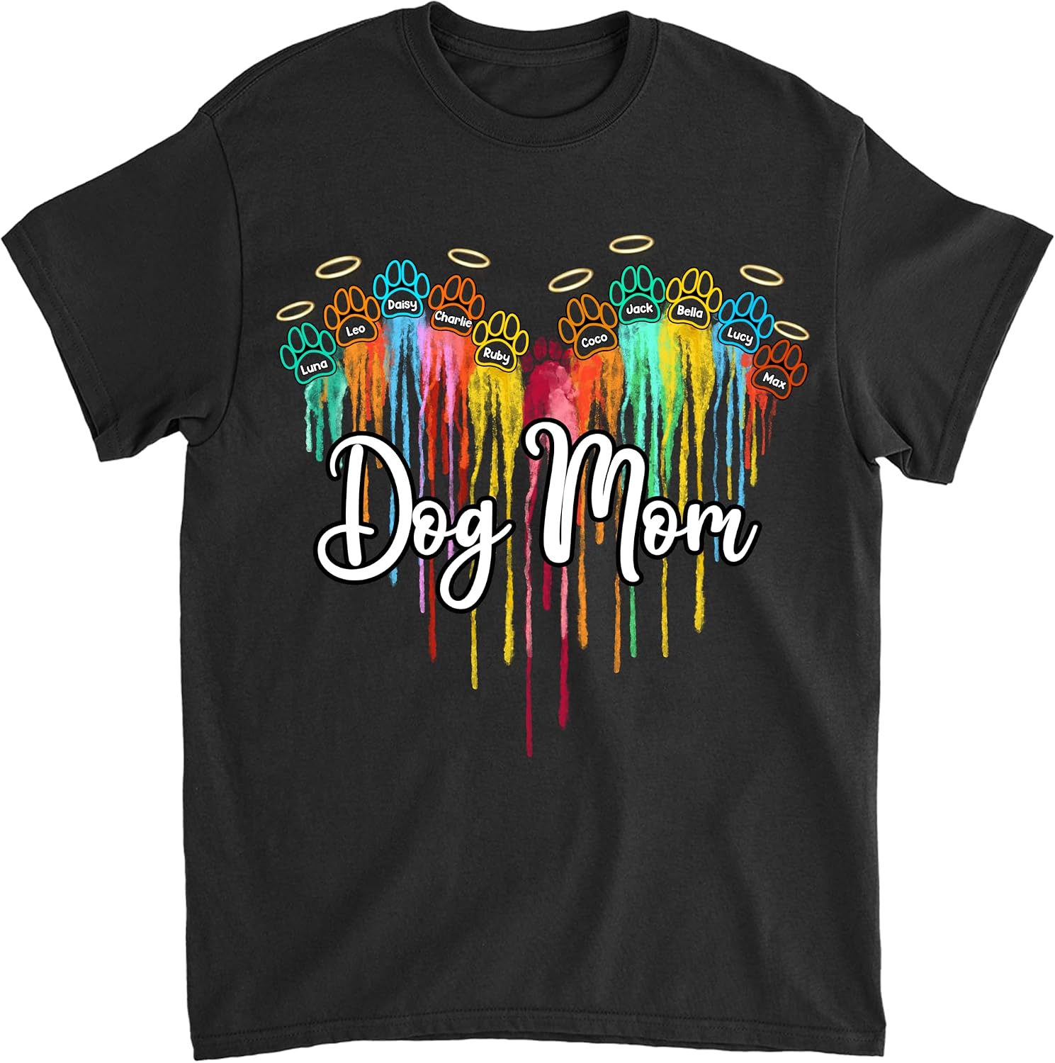 Gossby Personalized Dog Mom T-Shirt - Custom Dog Mom Gift for Women with Names, Angel Rings - Up to 11 Paws - 7 Sizes