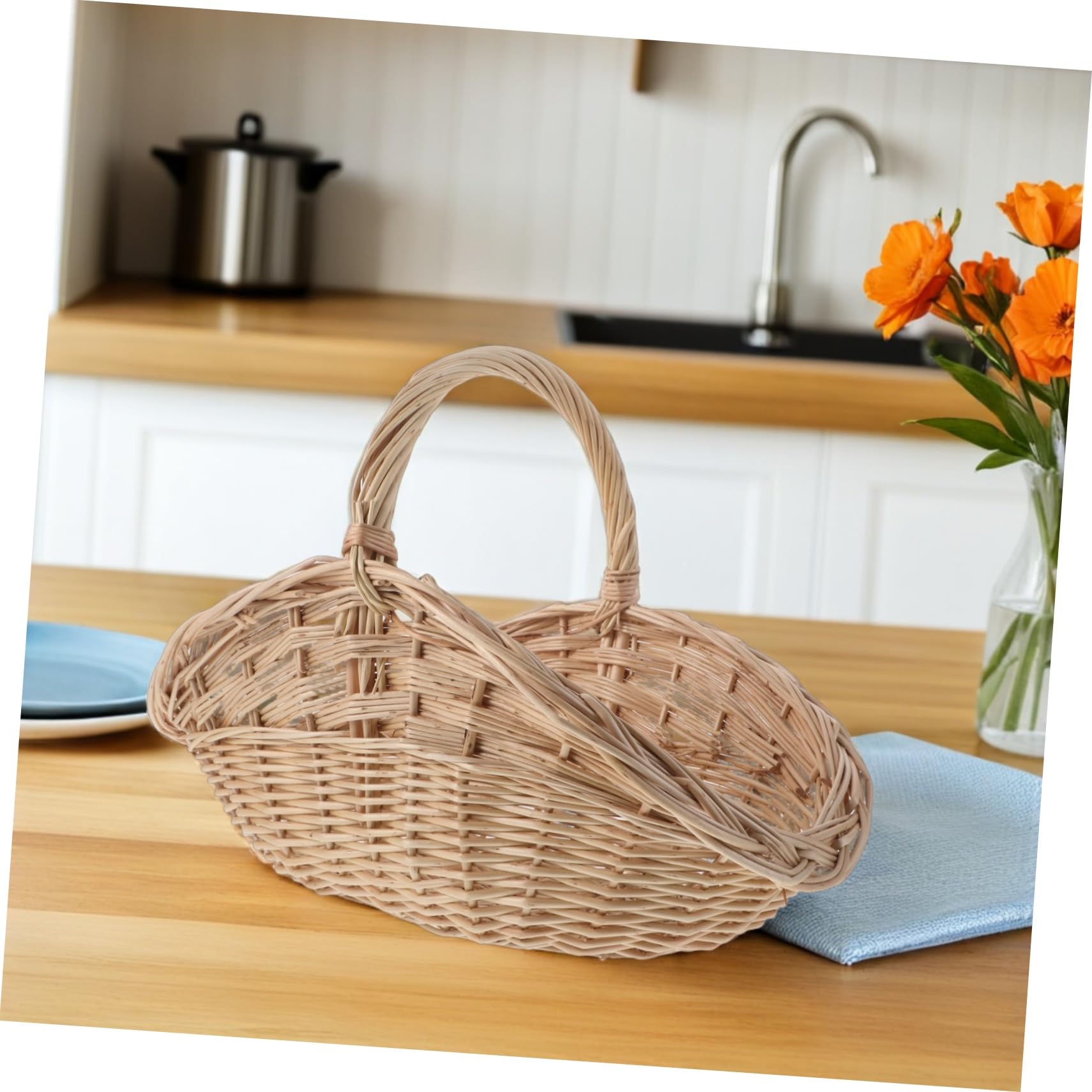 Gatuida Cesta de Mimbre Tejida Mano para Almacenamiento Multifuncional con Asa Portátil para Frutas Verduras Huevos y Picnics Exteriores
