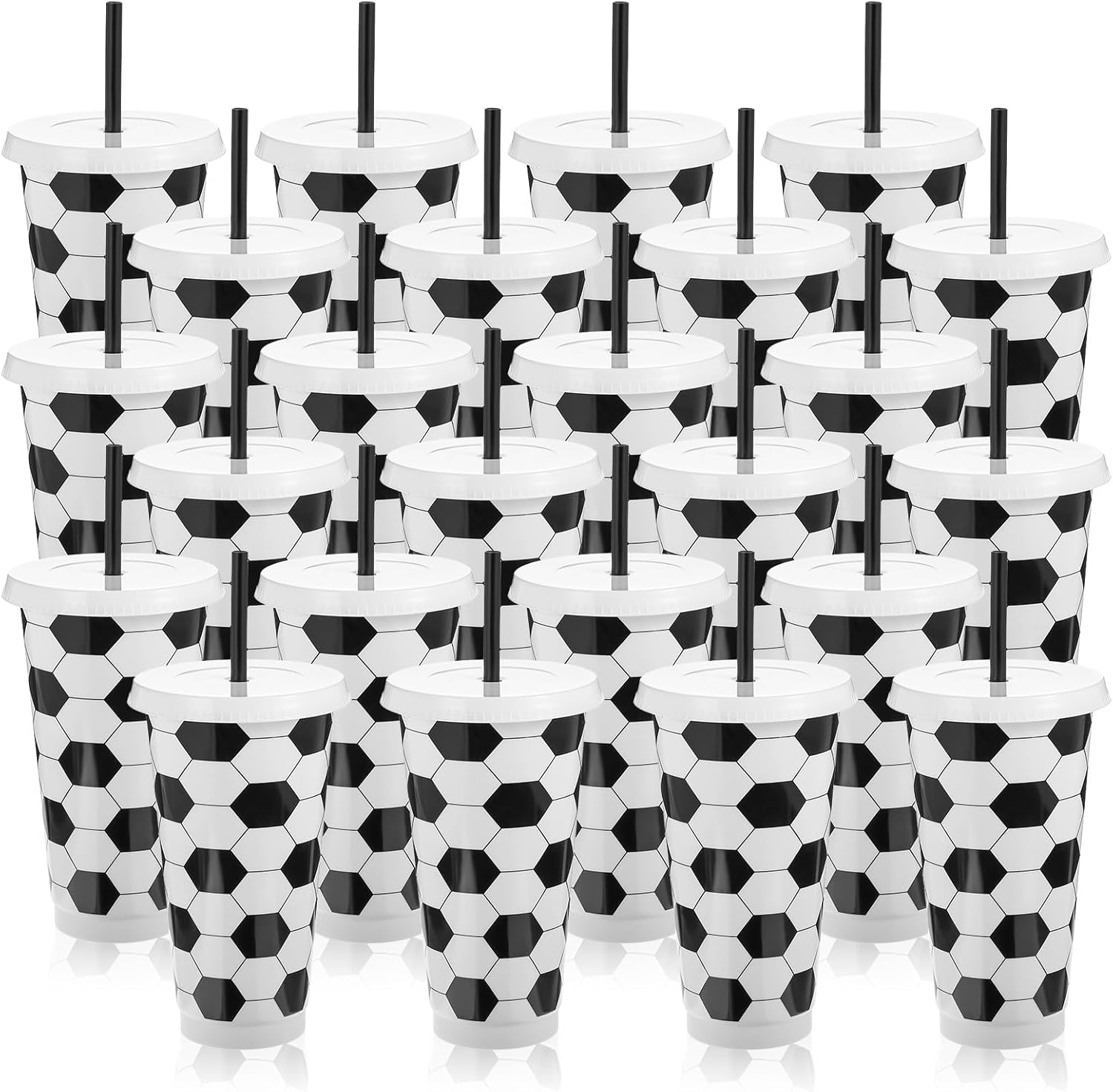 24 Pcs Plastic Soccer Cups Bulk Reusable Tumbler with Lid and Straw, 24 oz Black PP Sports Cups for Team Gifts, Fan Parties, Themed Decorations and Outdoor Events
