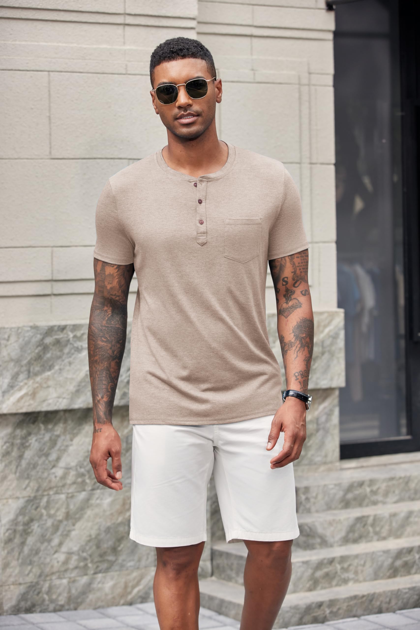 COOFANDY Camicia da uomo casual Henley a maniche corte con tasca T-shirt leggera con bottoni Henley Pullover Basic Tees