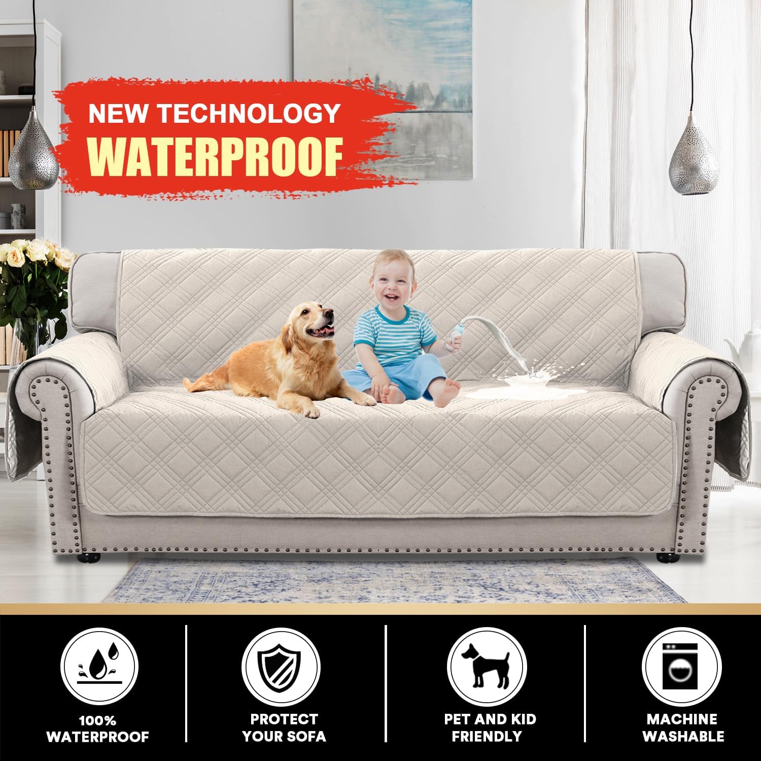 PrinceDeco 100% Waterproof Couch Cover for 3 Cushion Couch Sofa Pet Friendly Non-Slip Couch Cover for Dogs Washable Water Resistant Furniture Protector with Elastic Straps(Sofa 68", French Oak) - Image 2