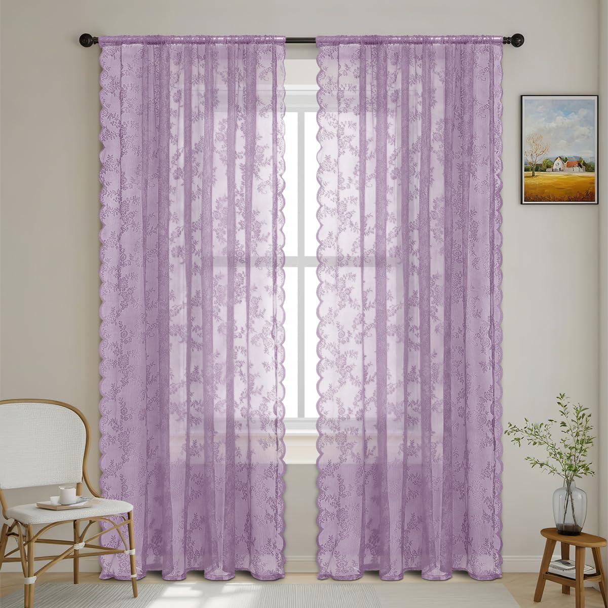 Cortinas traslúcidas color morado para dormitorio romántico juego de 2 visillos bordados vintage